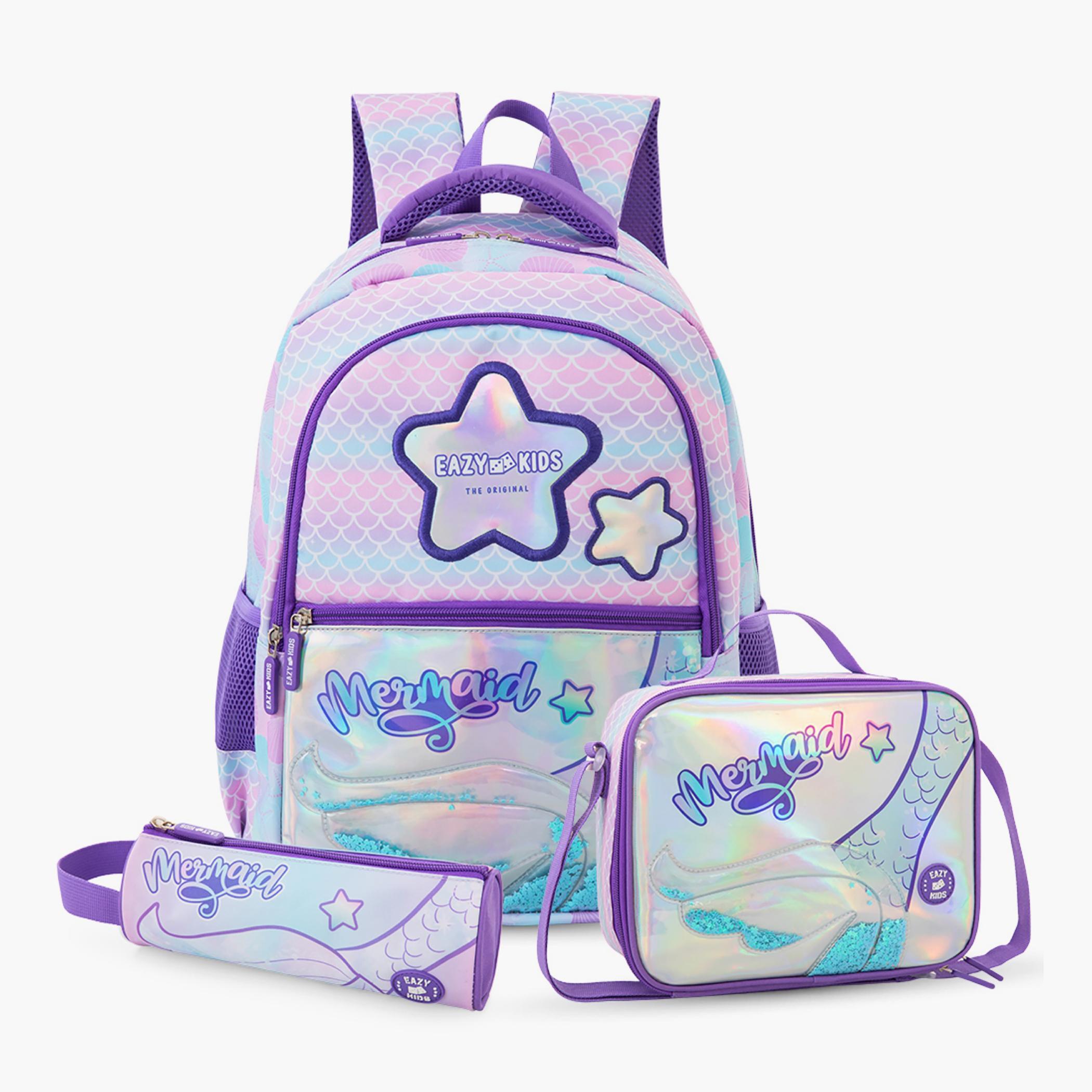 Eazy Kids Mermaid Print 16-inch 3-Piece Trolley School Bag Set