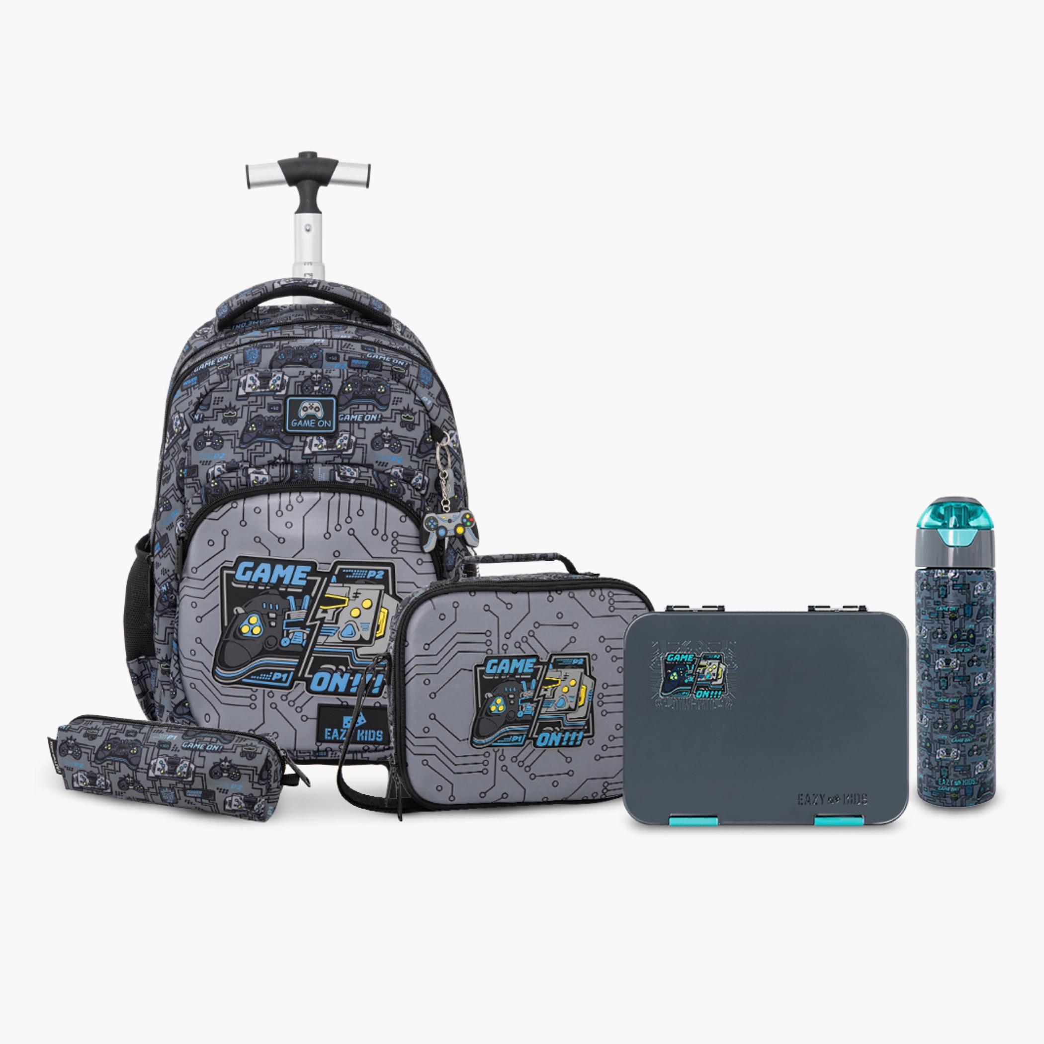 Eazy Kids Gamer 5-Piece 17-inch Trolley Backpack Set with Water Bottle and Lunch Box - 30x17x44 cm