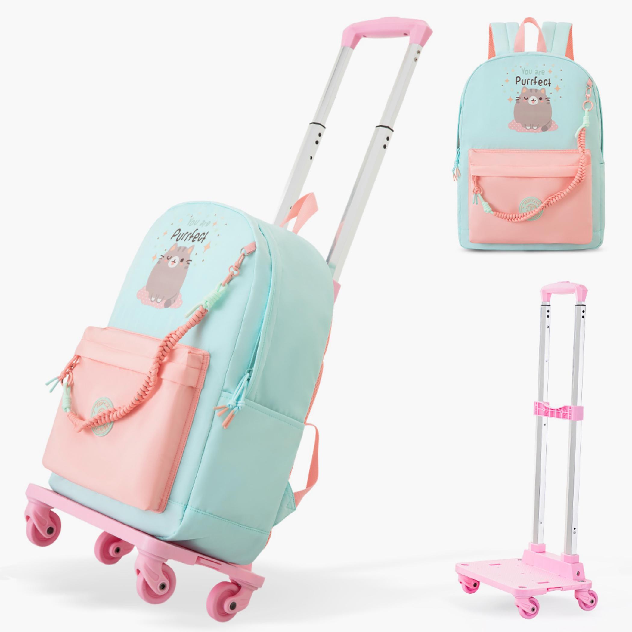Eazy Kids Cat Print 17-inch School Backpack with 4-Wheel Trolley - 42x14x31 cm