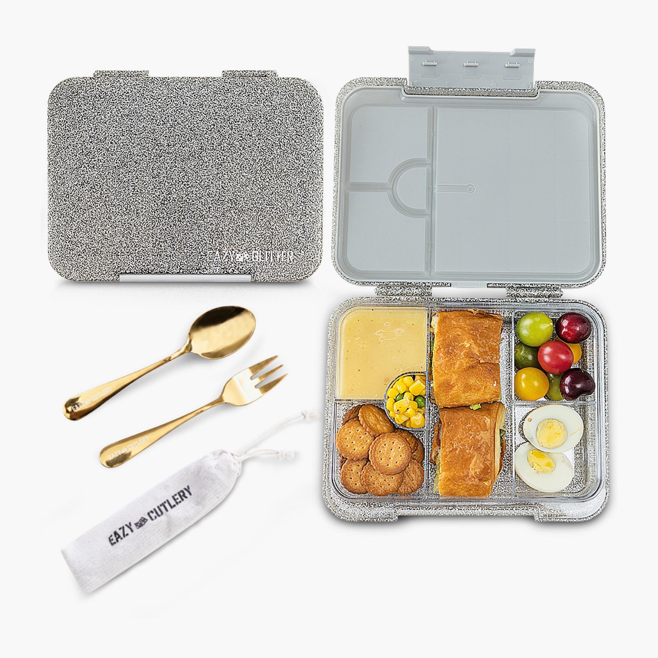 Eazy Kids Glitter Convertible Bento Lunch Box with Steel Cutlery Set