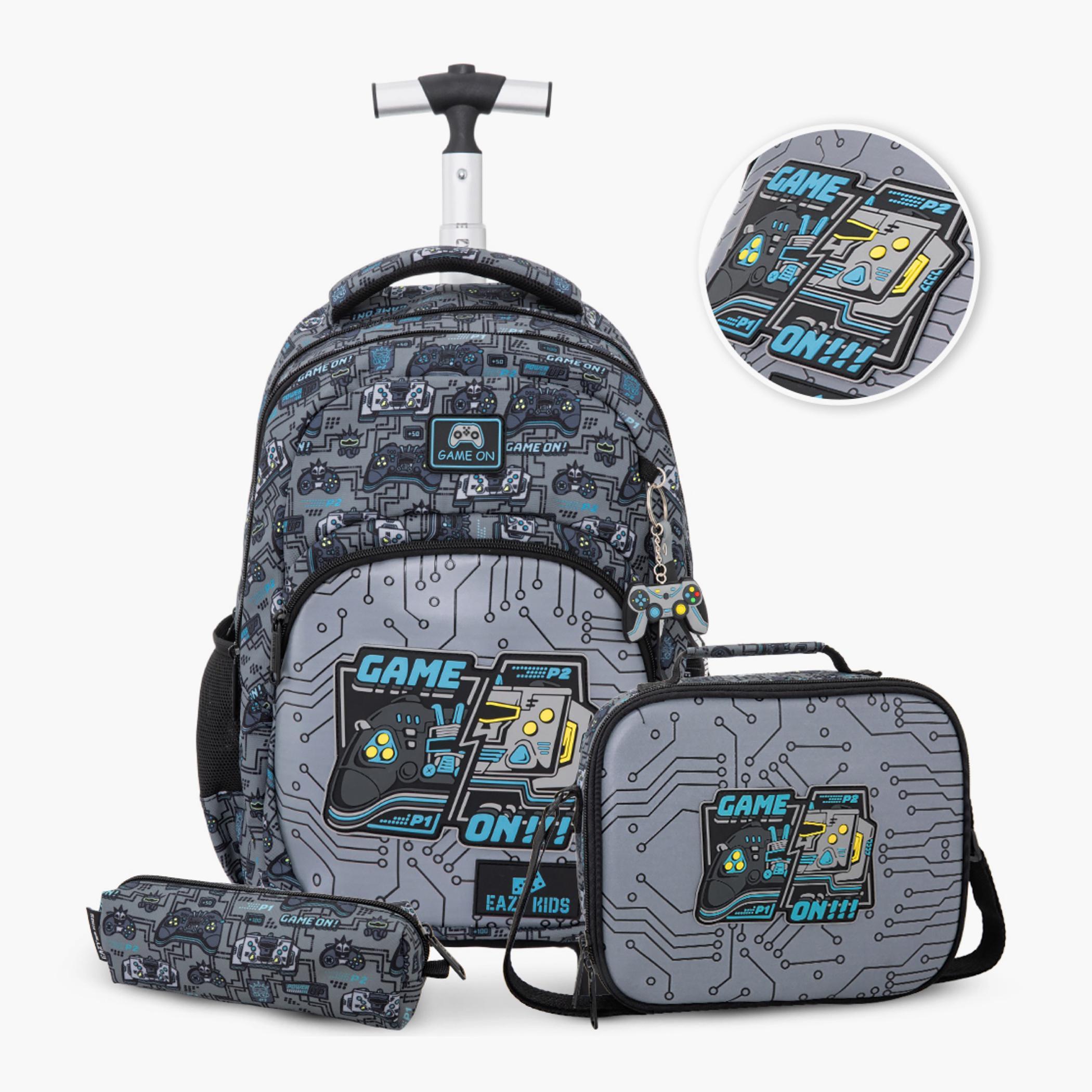 Eazy Kids Gaming 3-Piece 17-inch Trolley Backpack Set with Lunch Bag and Pencil Case - 30x17x44 cm