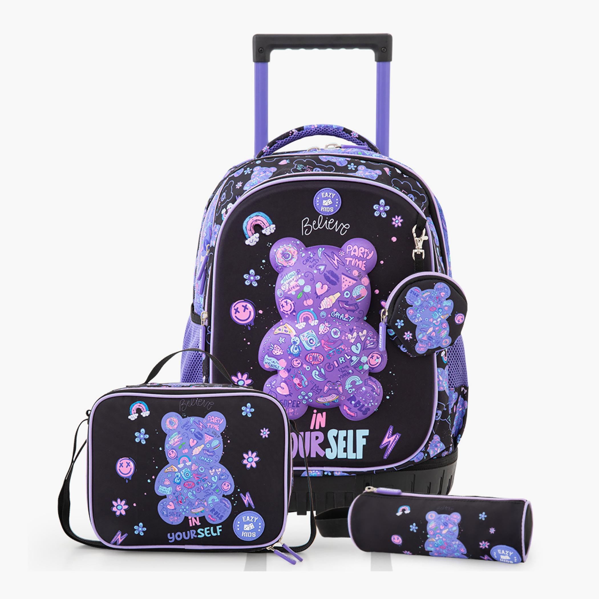 Eazy Kids Teddy 4-Piece 18-inch Trolley Backpack Set with Lunch Bag and Pencil Pouch - 33x16x43 cm