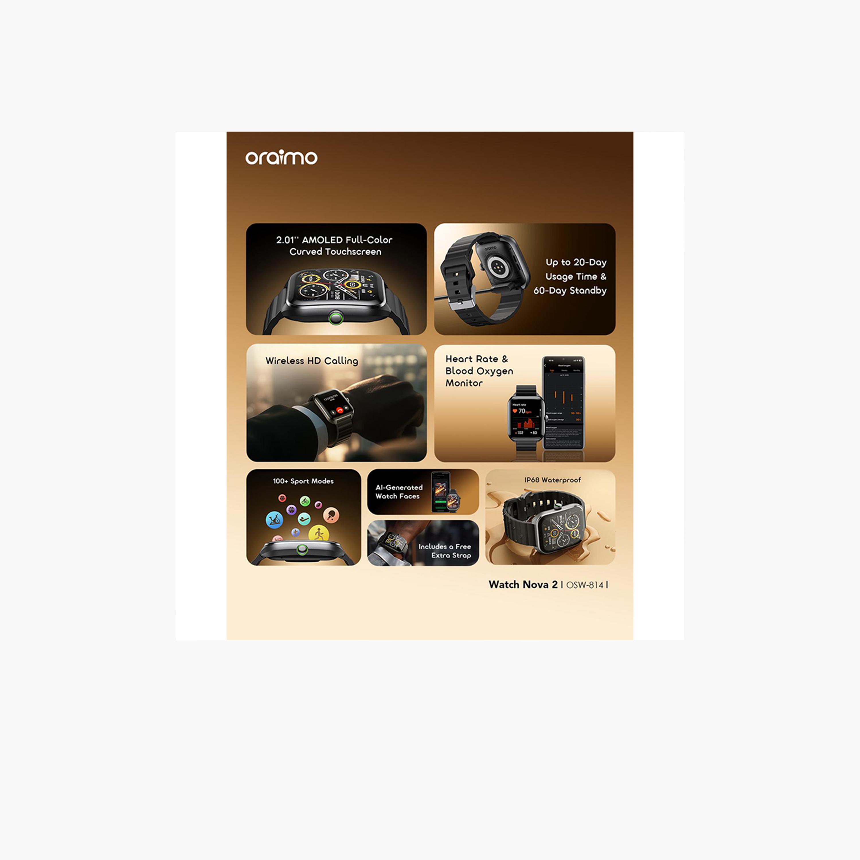 Oraimo Watch Nova2 2.01" AMOLED IP68 Curved Touchscreen Smart Watch - Black-electronics-smartwatches-image-2