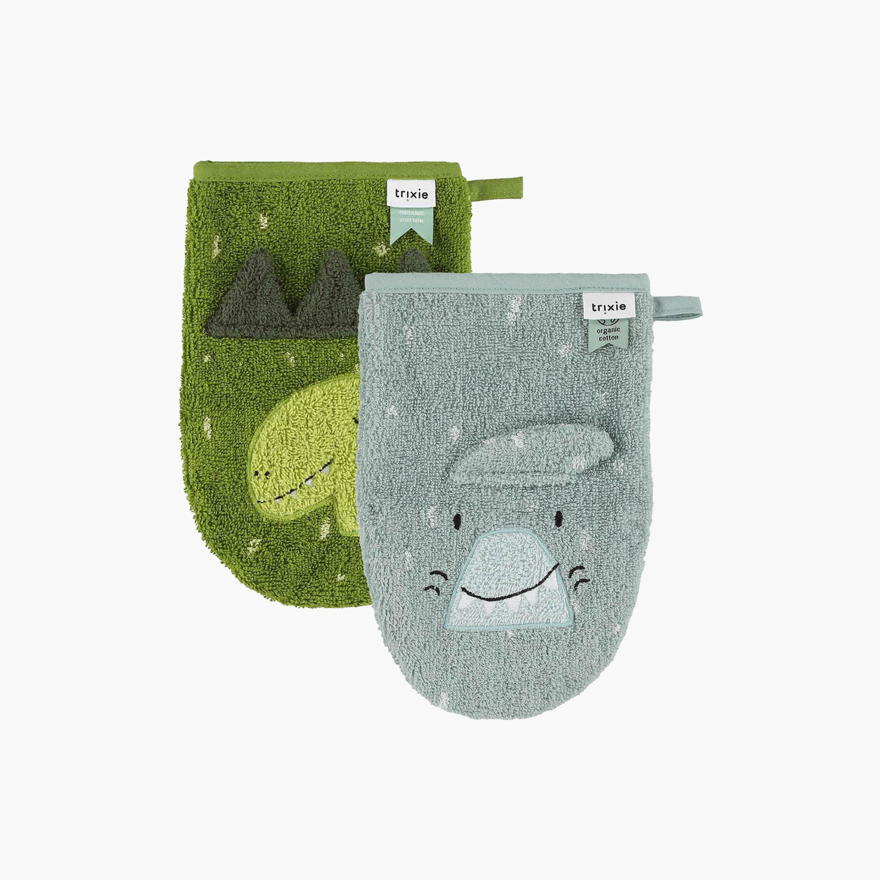Trixie 2-Piece Mr. Shark & Mr. Dino Organic Cotton Terry Washcloth Set-baby-bathandcare-towels-image-1