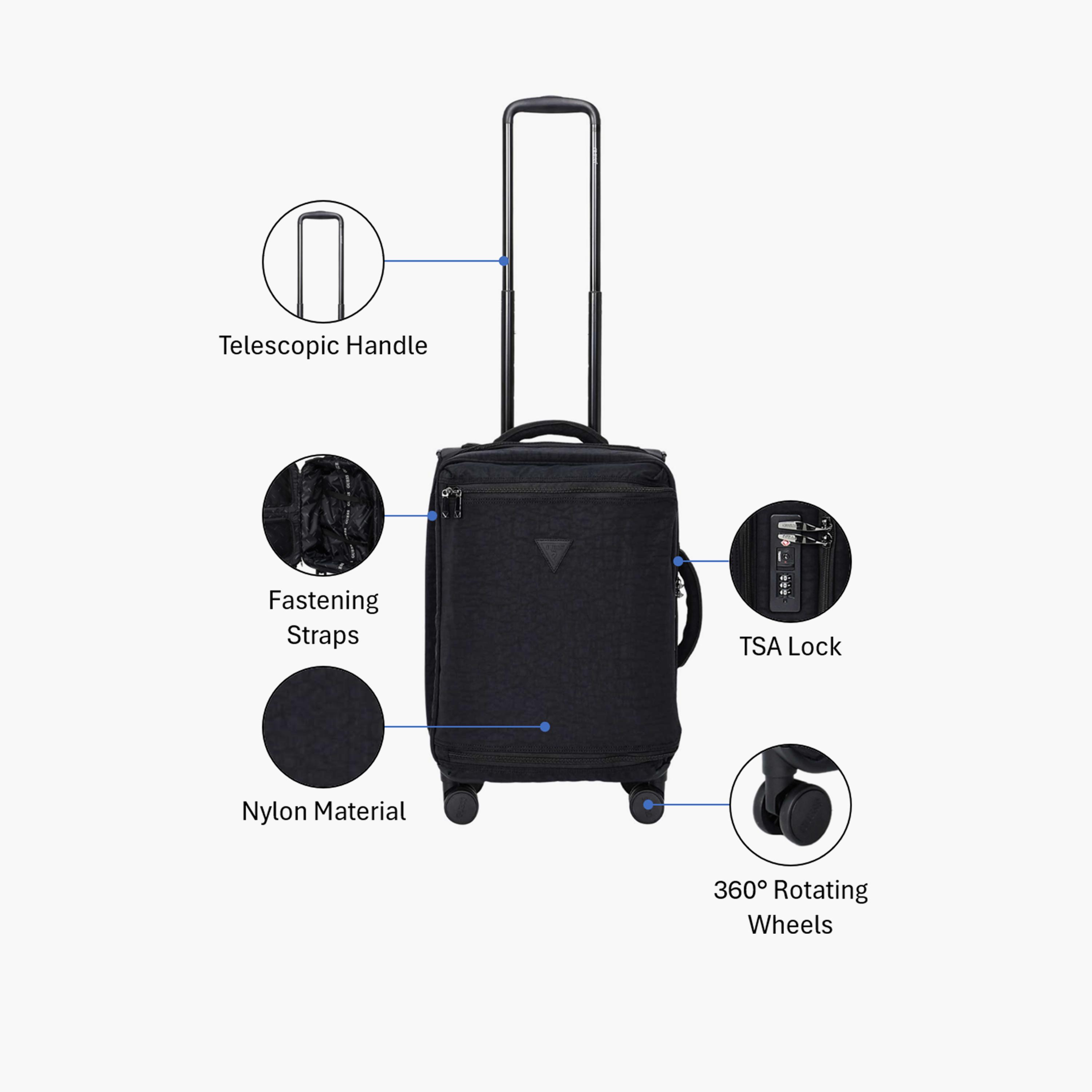 Guess Greyjoy 56 CM Small Cabin Nylon Soft Sided 4-Wheeler Spinner Trolley Bag with TSA Lock-travel-luggagesandbags-luggage-image-3