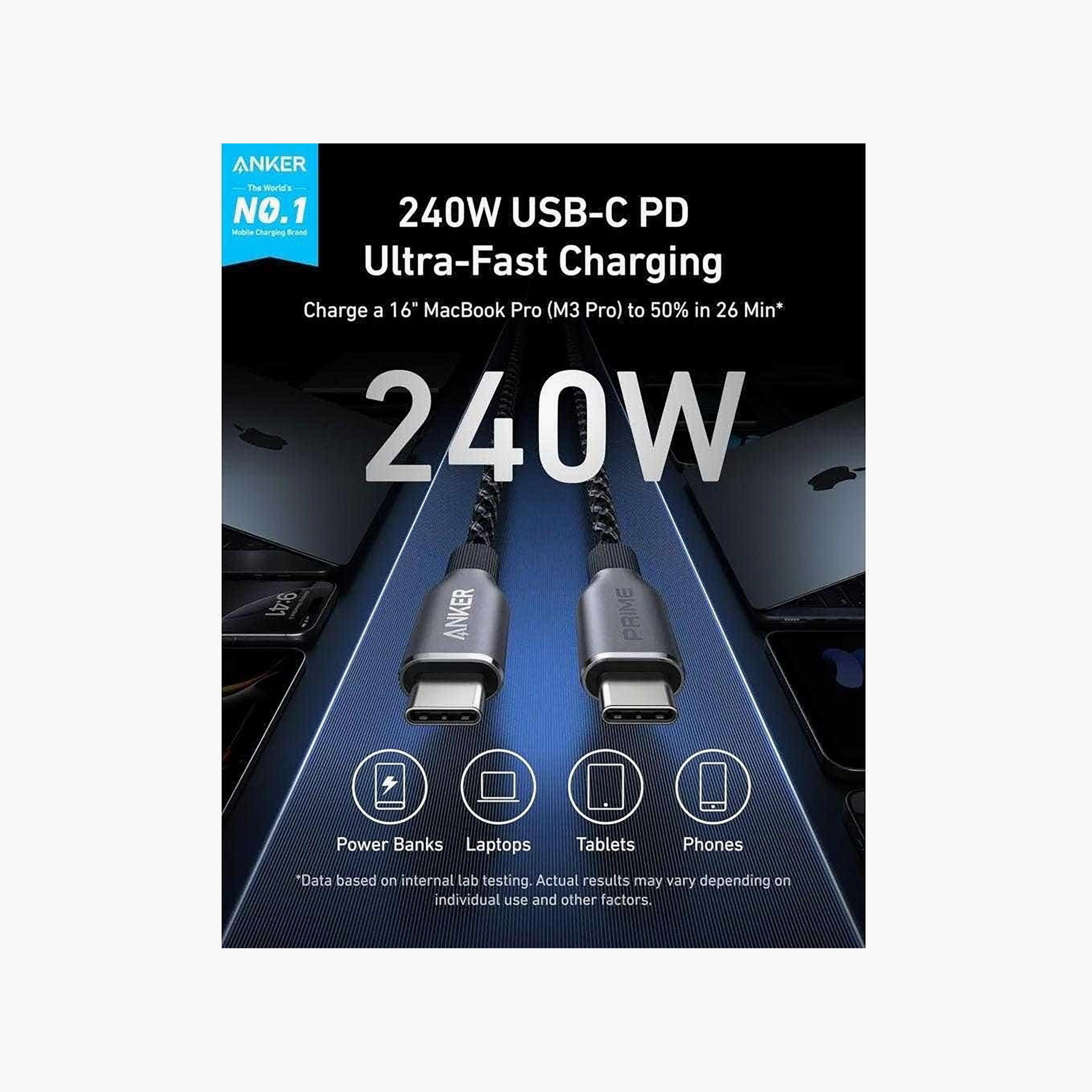 كابل أنكر برايم مضفر من USB-C إلى USB-C بطول 6 أقدام وقوة 240 واط باللون الأسود | A88E2012-electronics-accessories-mobileaccesories-image-2