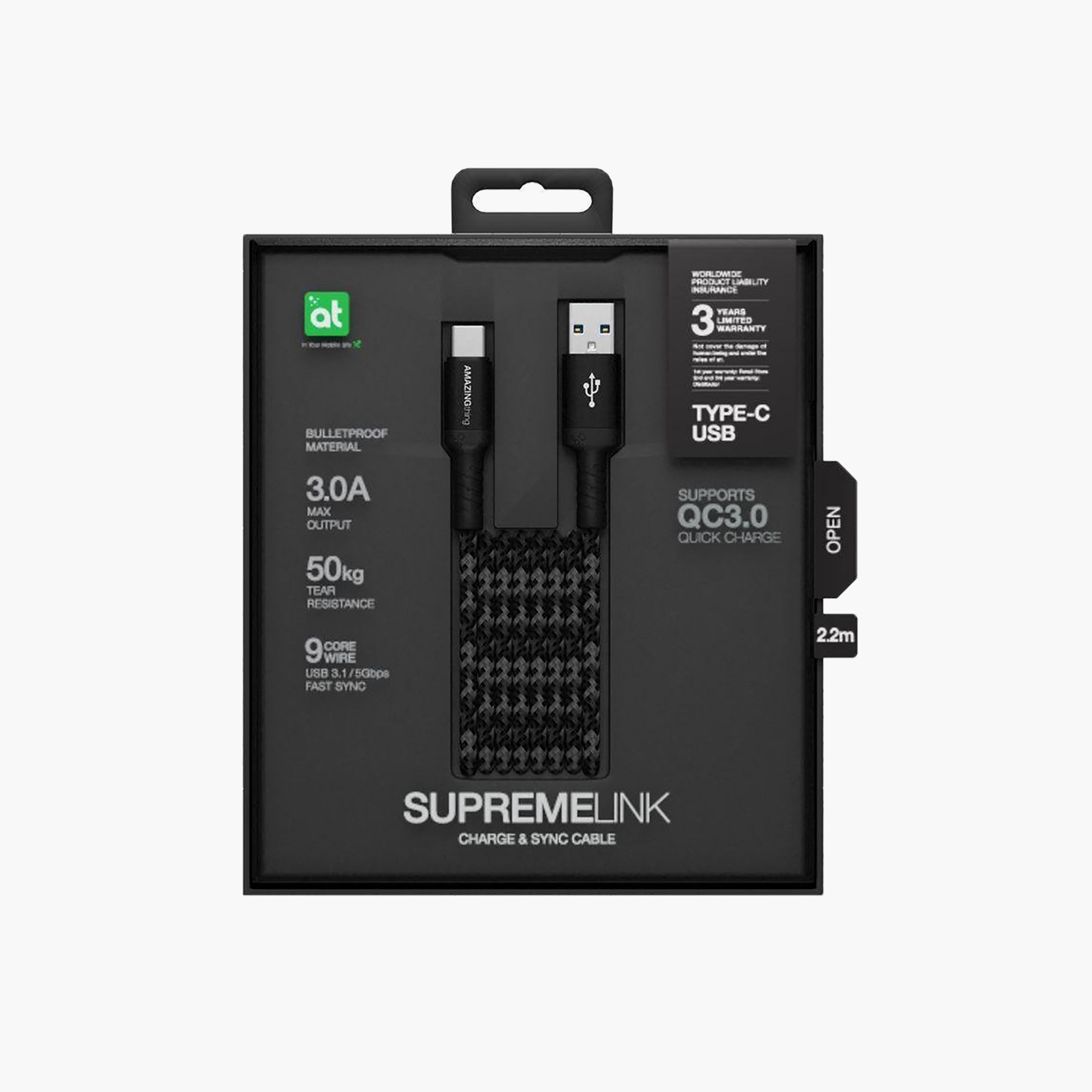 كابل أمايزينج ثينج سوبريم لينك من نوع USB-C 3.1 مع درع حماية بطول 2.2 متر باللون الأسود | ATC022BK-electronics-accessories-mobileaccesories-image-1