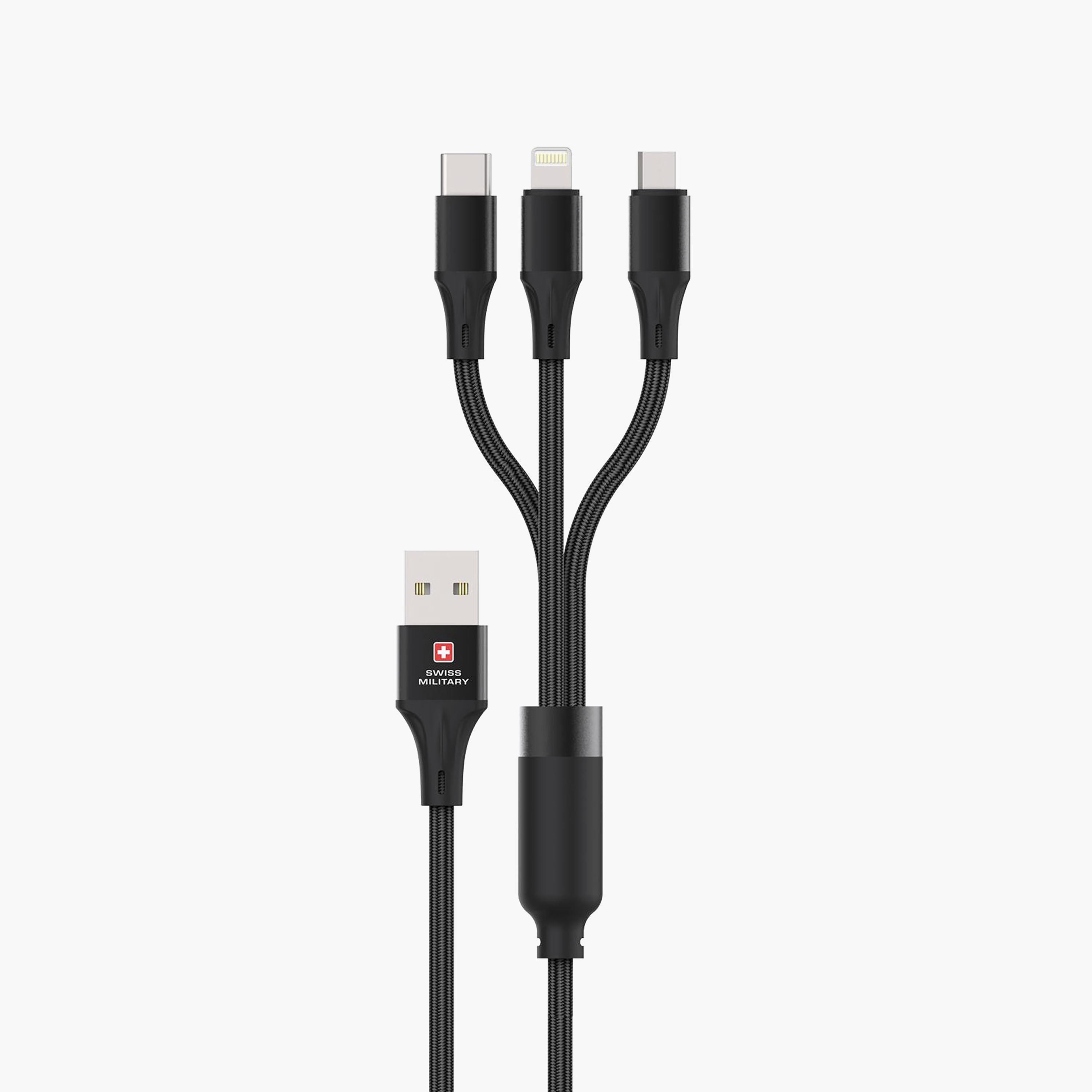 كابل سويس ميليتاري المميز والمنسوج 2 في 1 (بموصل USB-C وموصل Lightning) باللون الأسود-electronics-accessories-mobileaccesories-image-1