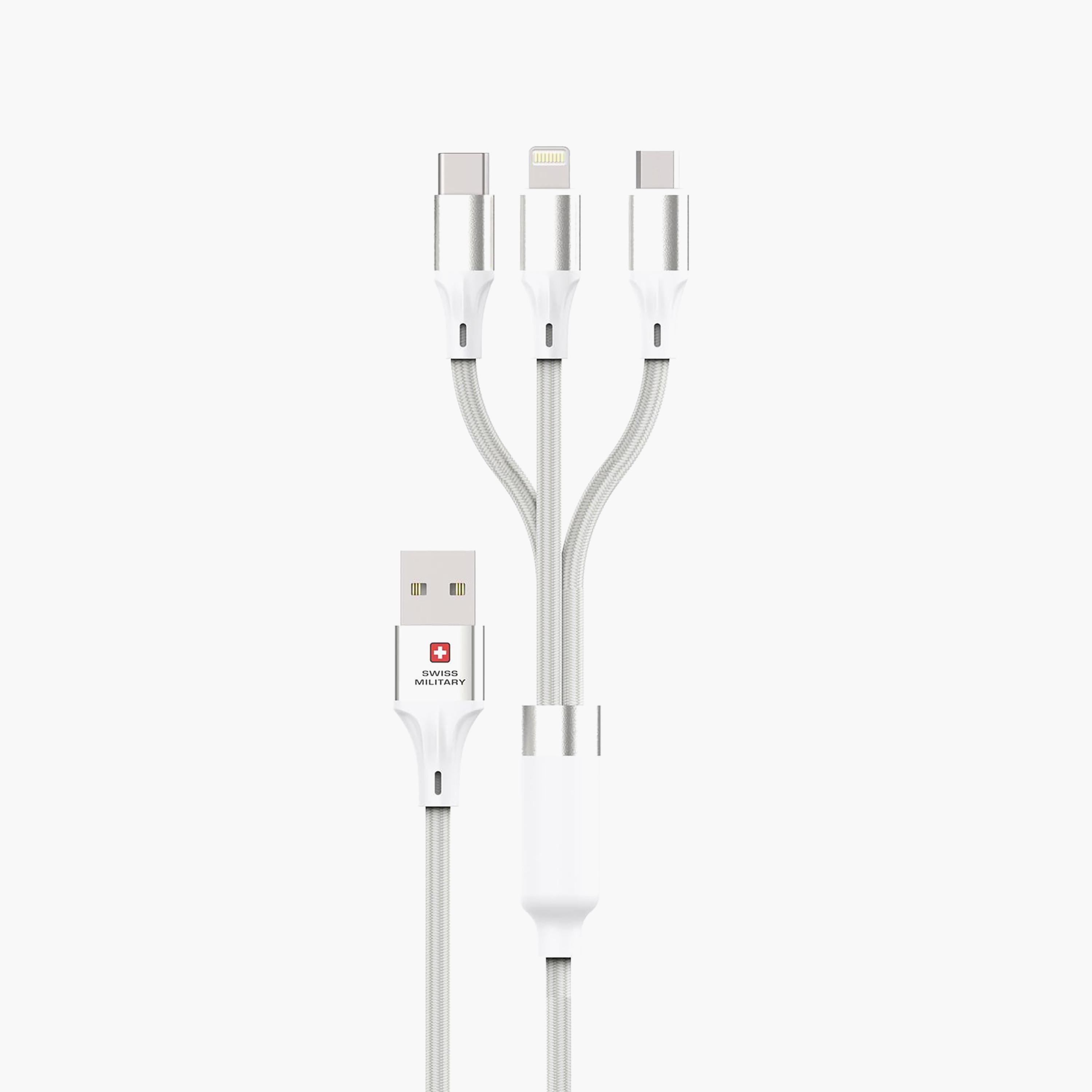 كابل سويس ميليتاري المميز والمنسوج 3 في 1 (بمنفذي USB-C ومنفذ Lightning) باللون الأبيض-electronics-accessories-mobileaccesories-image-1