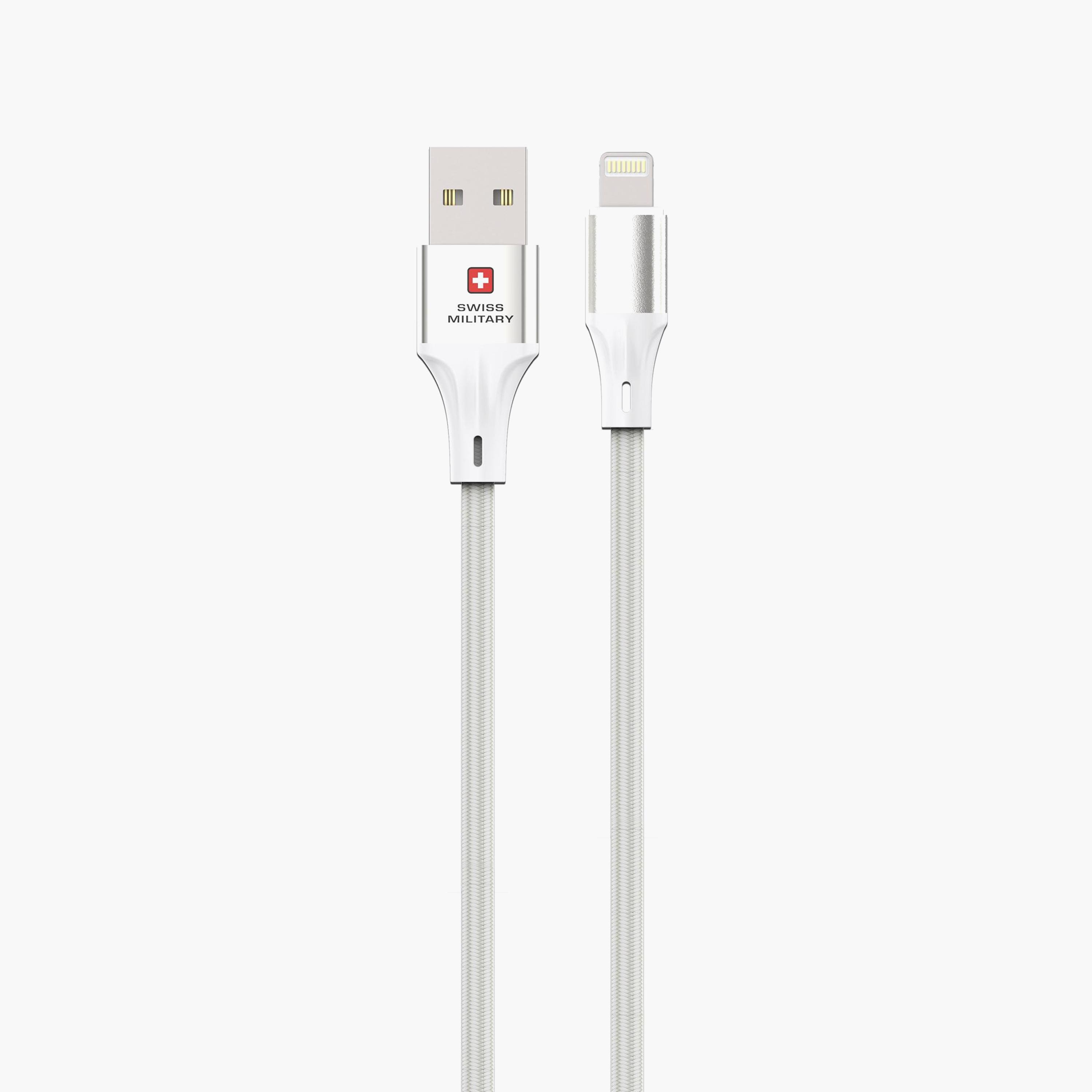 كابل سويس ميليتاري المميز والمنسوج من USB-A إلى Lightning بقوة 20 واط وبطول 2 متر باللون الأبيض-electronics-accessories-mobileaccesories-image-1