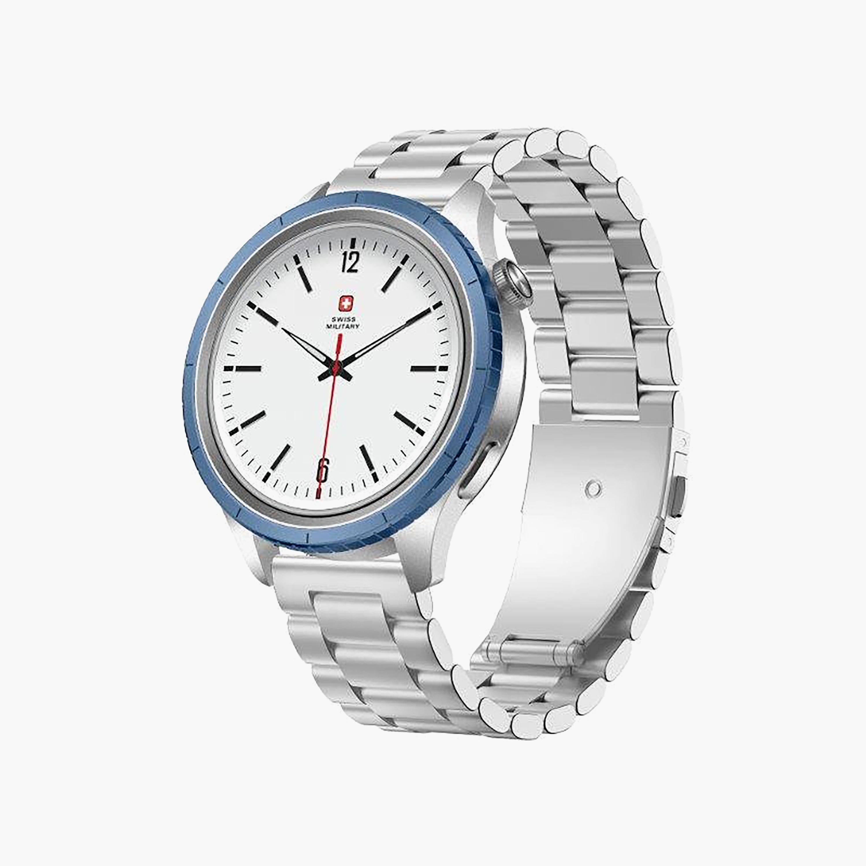 ساعة ذكية سويس ميليتاري بإطار فضي وحزام فولاذي (ستيل) مع حلقة زرقاء | SM-WCH-DOM8-SILF-BLU-RING-STLS-men-watchesandjewellery-watches-image-2