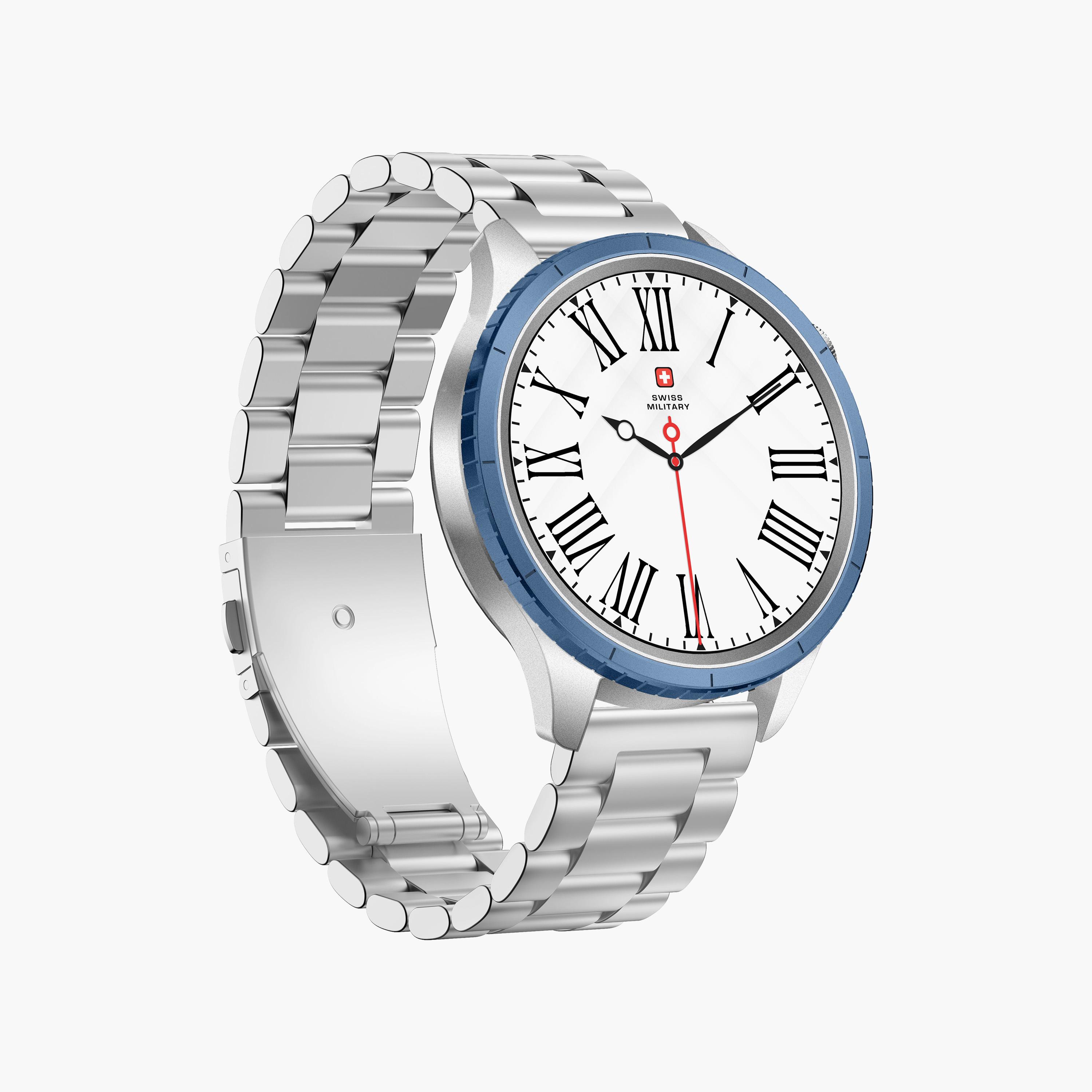 ساعة ذكية سويس ميليتاري بإطار فضي وحزام فولاذي (ستيل) مع حلقة زرقاء | SM-WCH-DOM8-SILF-BLU-RING-STLS-men-watchesandjewellery-watches-image-3