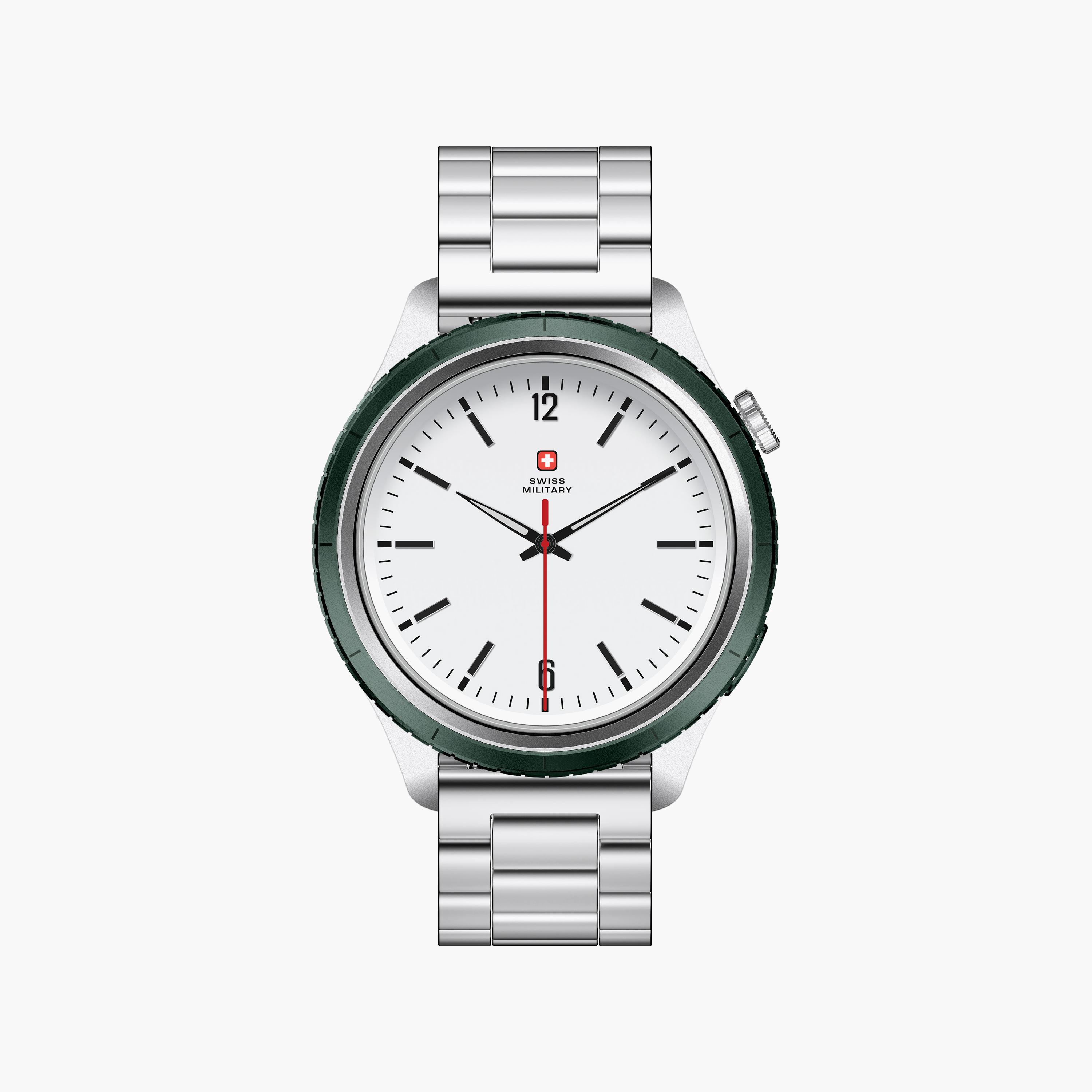 Swiss Military Smartwatch Silver Frame Steel Strap Green Ring | SM-WCH-DOM8-SILF-GRN-RING-STLS-men-watchesandjewellery-watches-image-1
