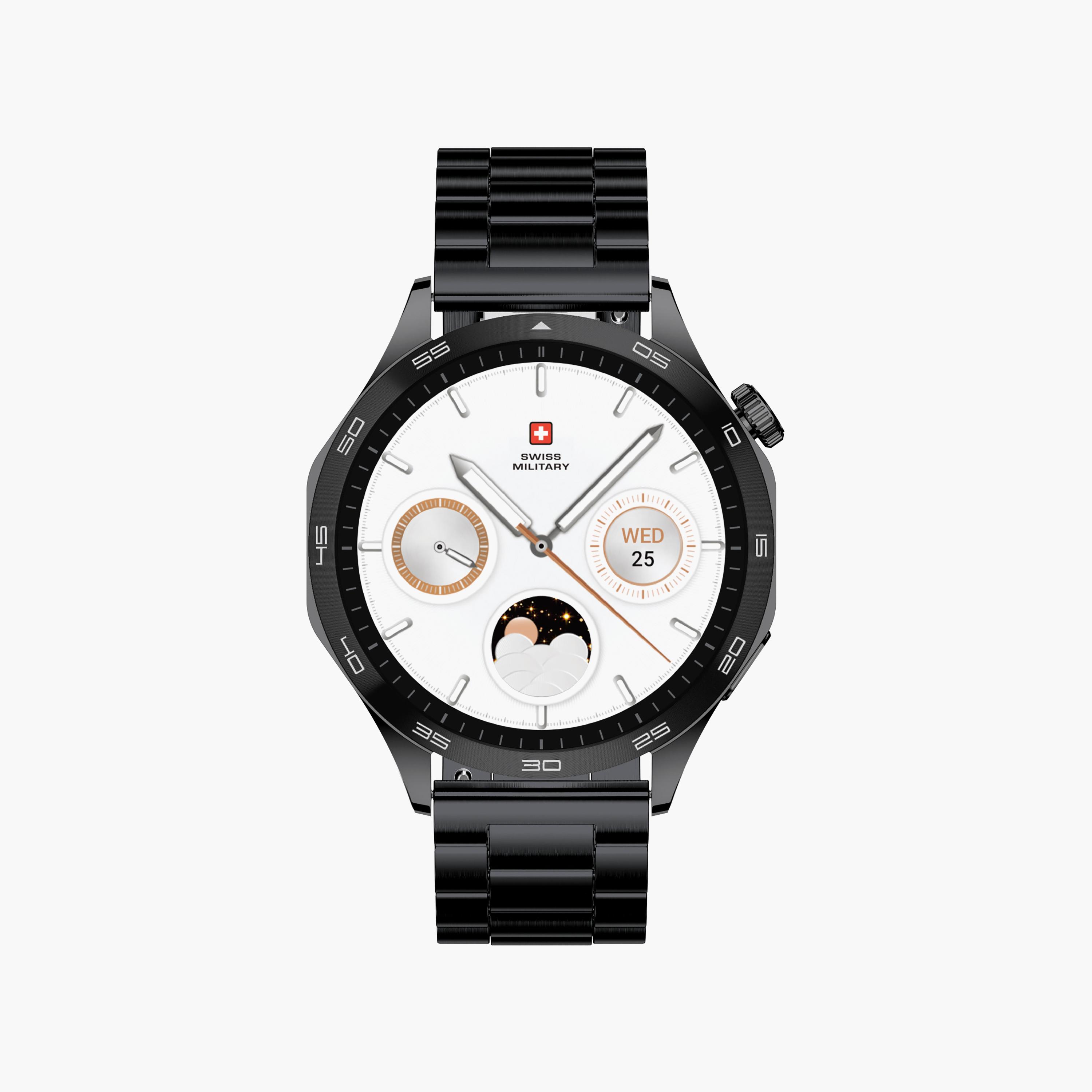 ساعة ذكية سويس ميليتاري بإطار أسود وحزام معدني أسود | SM-WCH-INTL-BLKFBMS-men-watchesandjewellery-watches-image-1