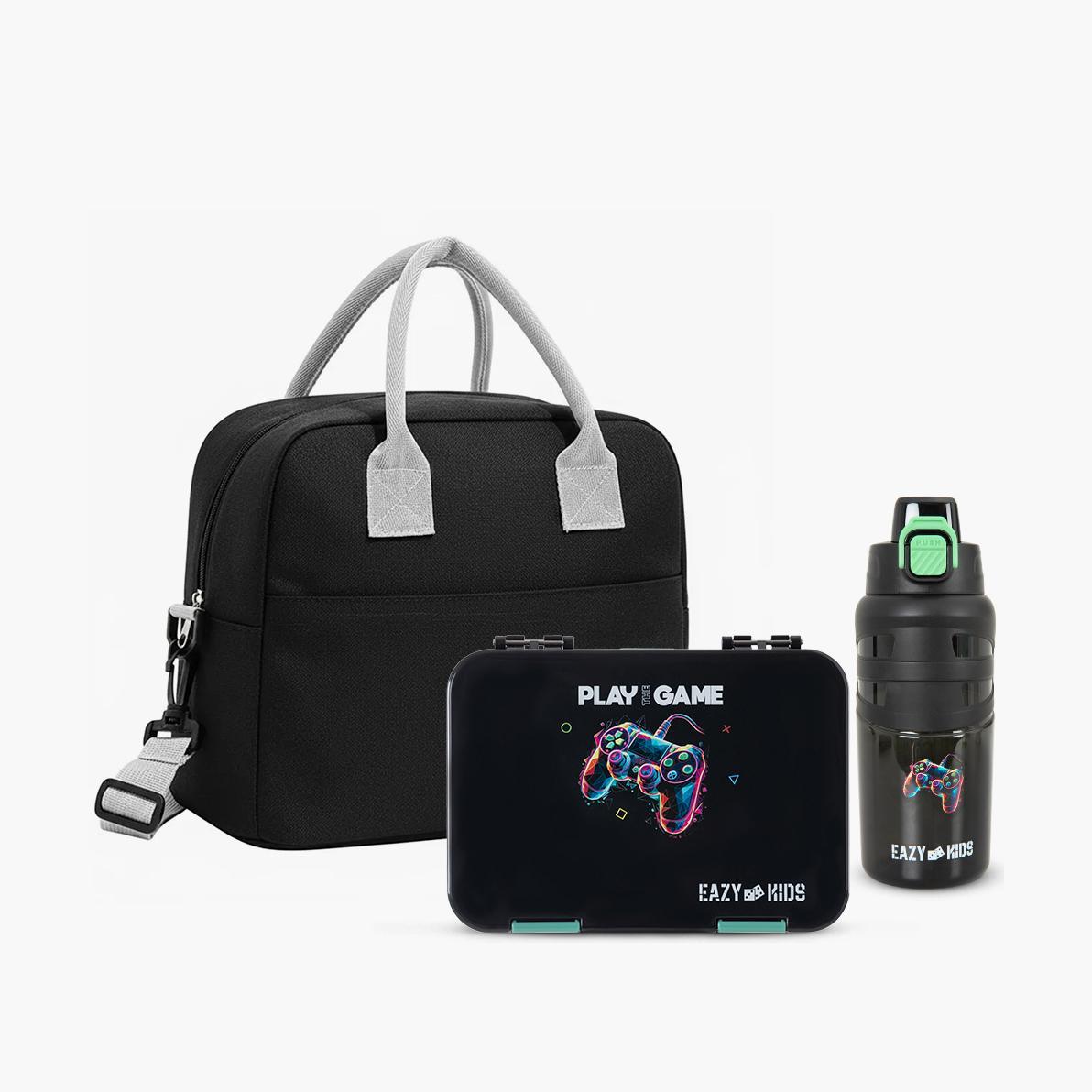 Eazy Kids Gamer 4-Compartment Bento Lunch Box with Insulated Lunch Bag and Water Bottle