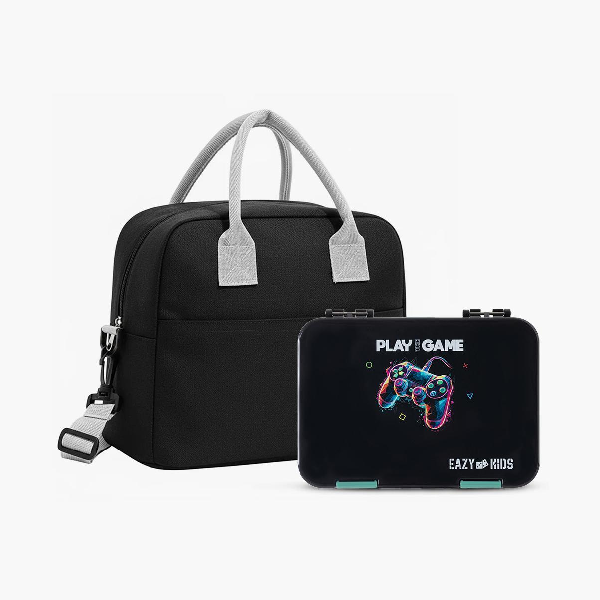 Eazy Kids Gamer Print 4-Compartment Bento Lunch Box with Insulated Lunch Bag