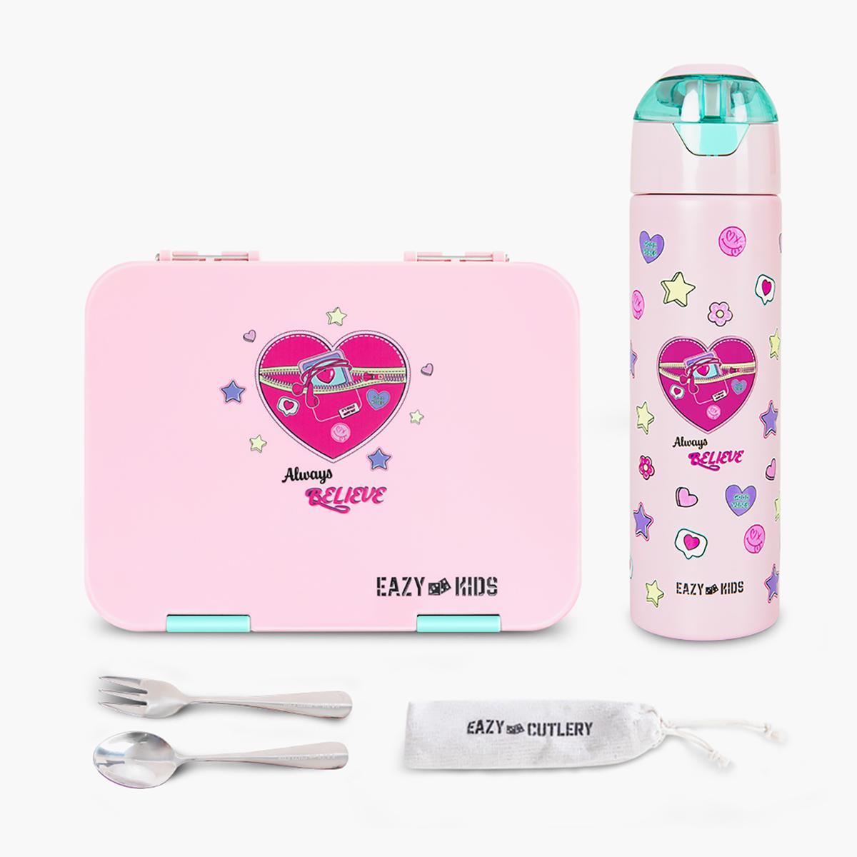 Eazy Kids Always Believe Convertible Bento Lunch Box with Insulated Stainless Steel Water Bottle