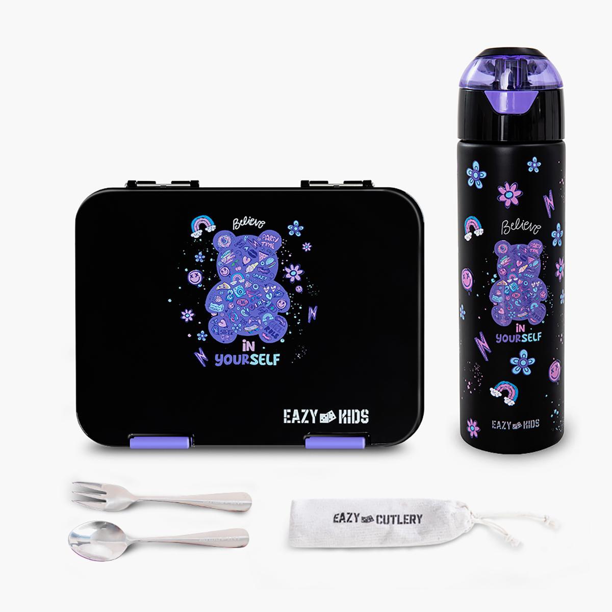 Eazy Kids Teddy Print Convertible Bento Lunch Box with Insulated Stainless Steel Water Bottle