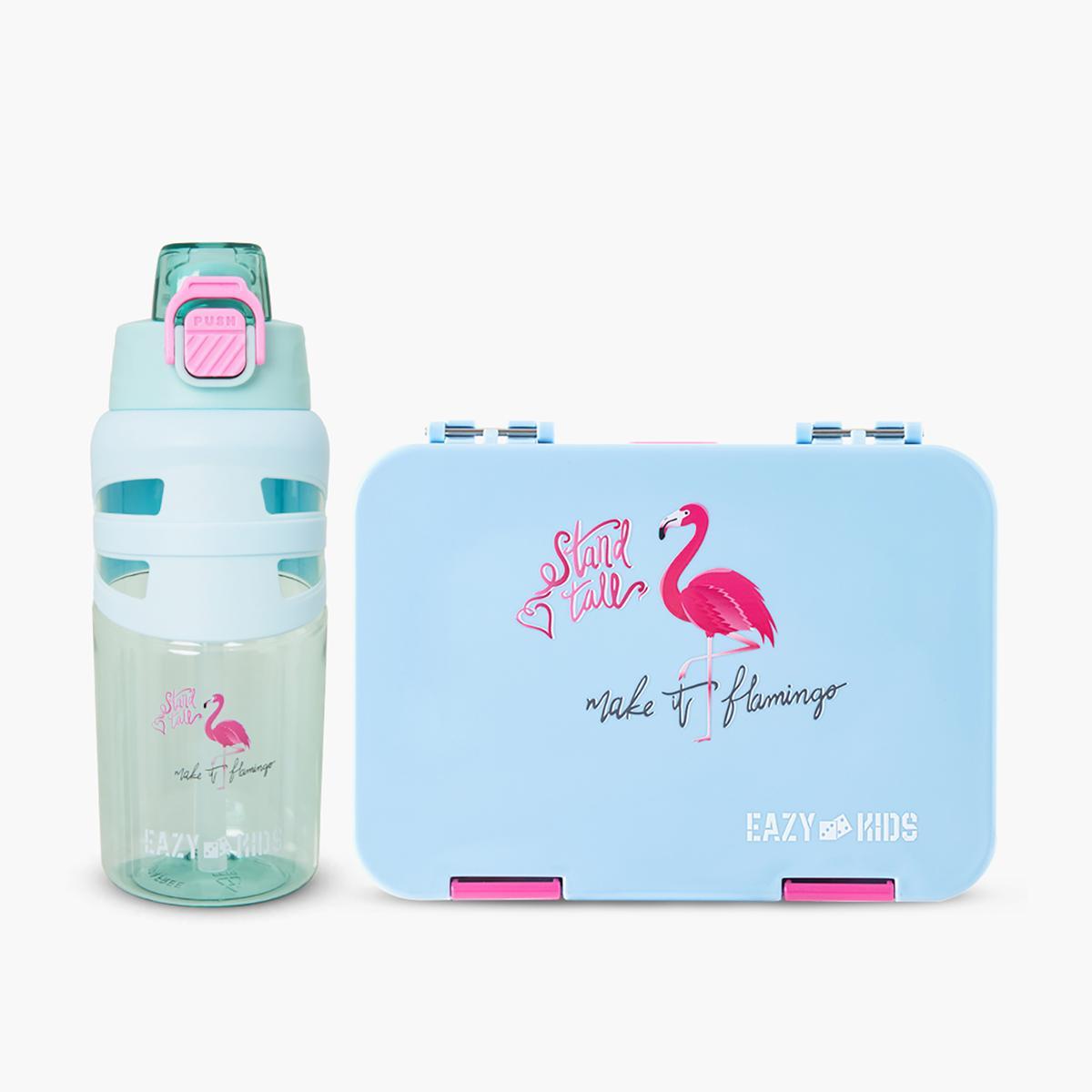 Eazy Kids Flamingo Print 4-Compartment Bento Lunch Box with Flip Top Water Bottle