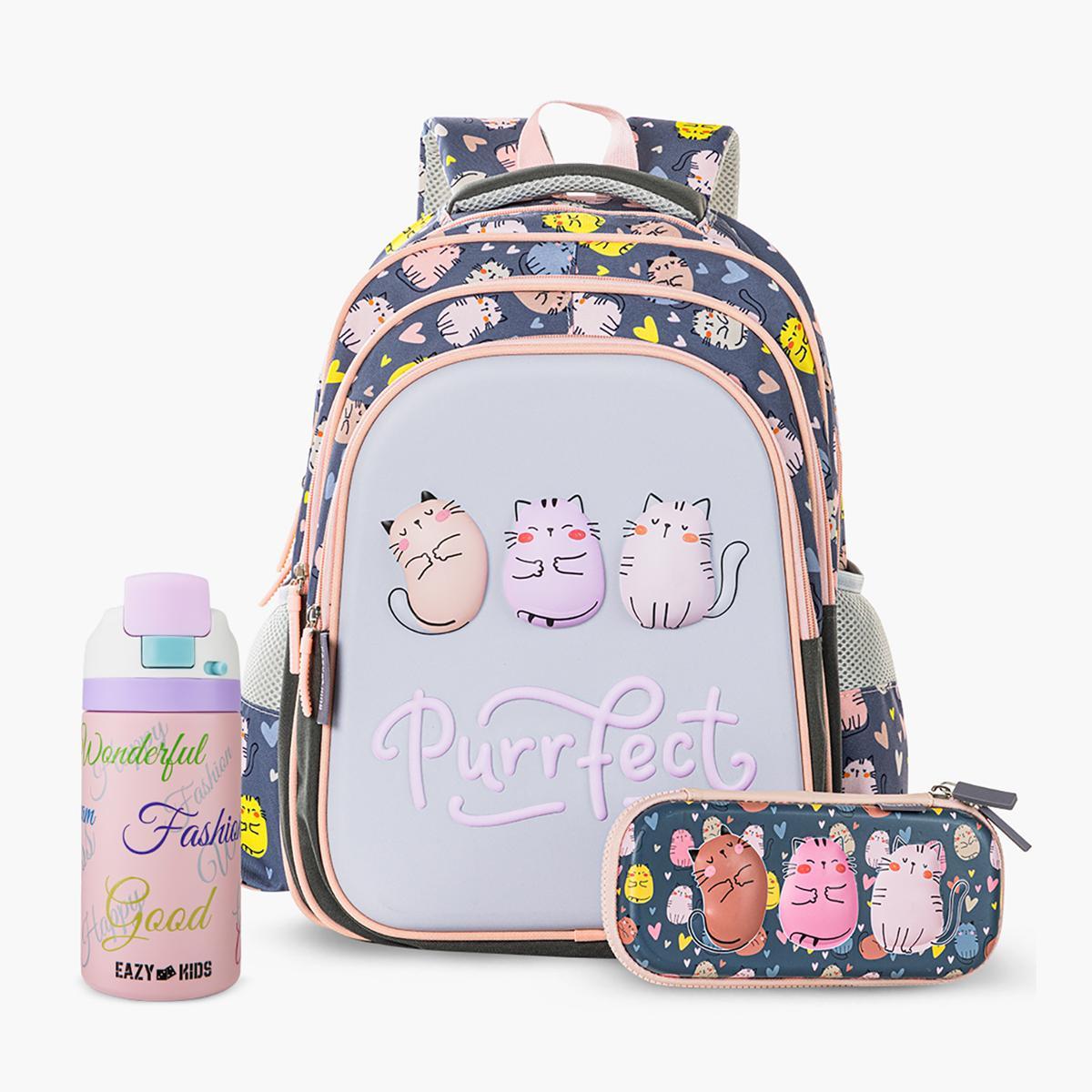 Eazy Kids Purrfect 3-Piece School Bag Set with Water Bottle and Pencil Case - 41x29x15 cm