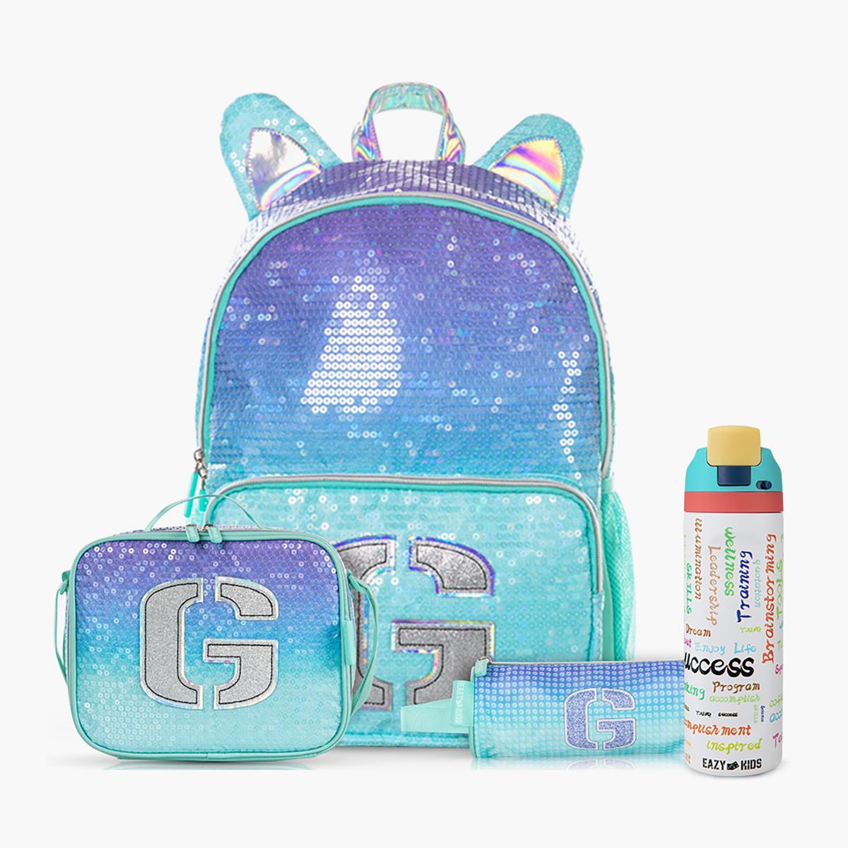 Eazy Kids Glitter 4-Piece 17-inch School Bag Set with Stainless Steel Water Bottle - 30x14x42 cm