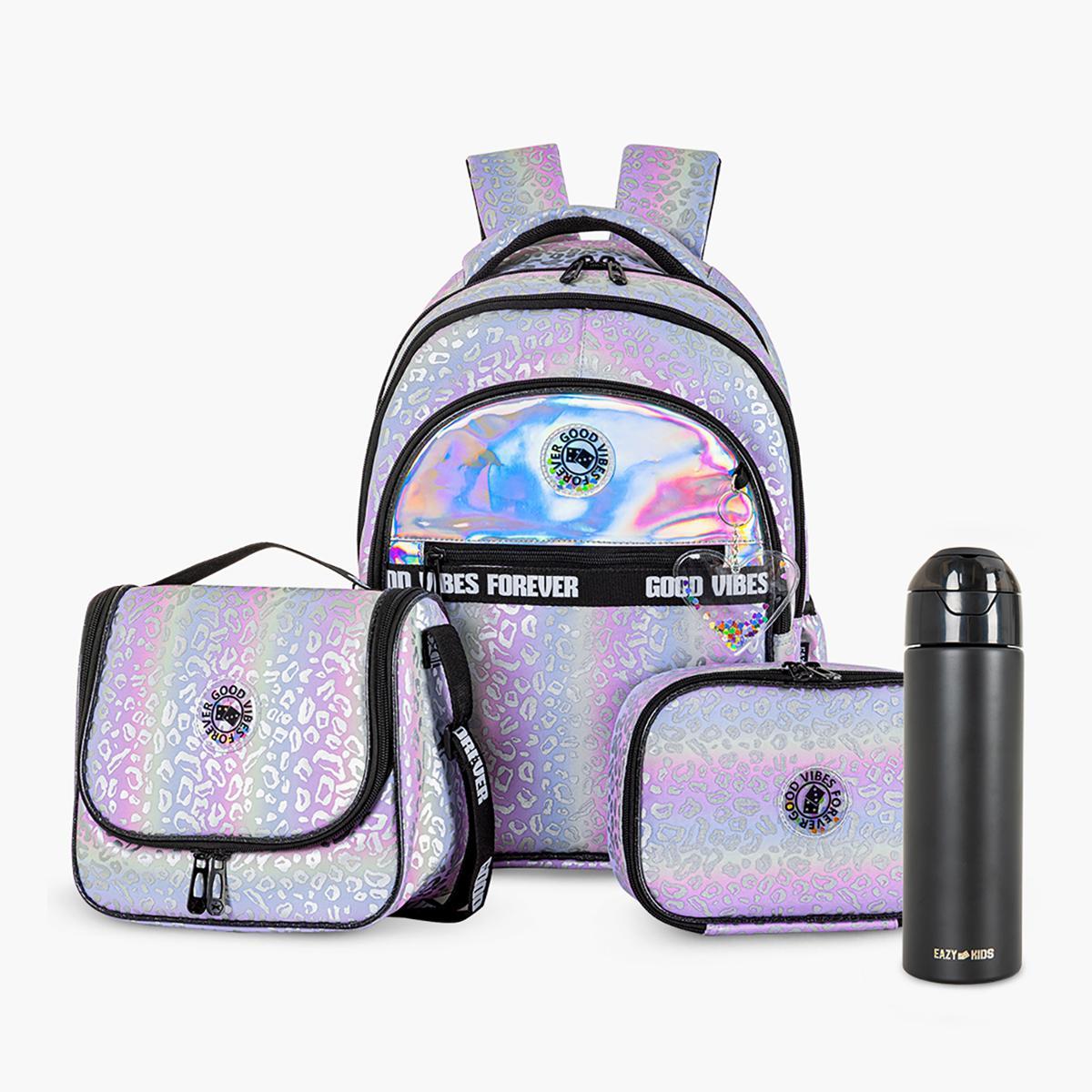Eazy Kids Good Vibes 4-Piece School Bag Set with Water Bottle and Lunch Bag - 31x20x43 cm