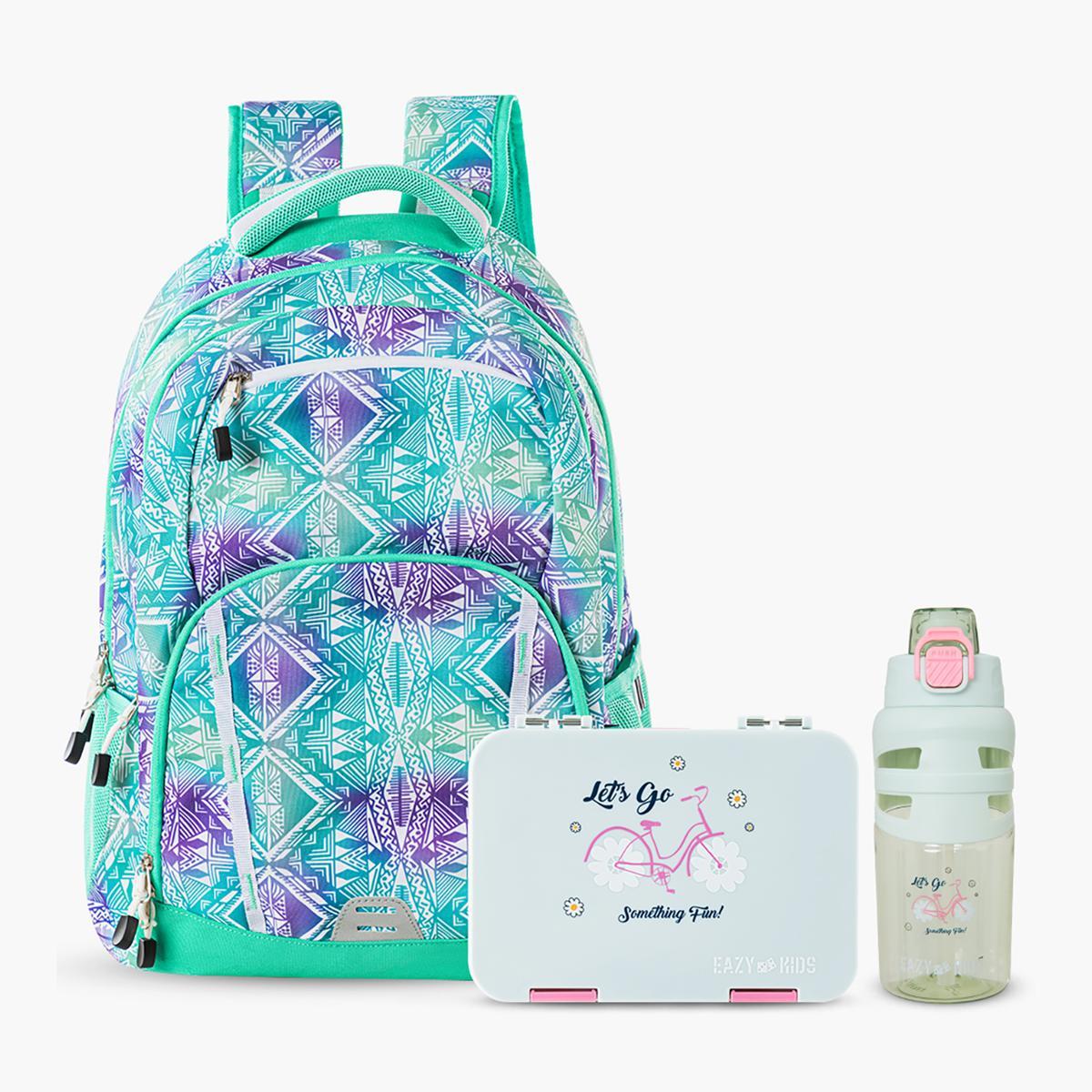 Eazy Kids Geometrical Print 18-inch School Bag with Bento Lunch Box and Water Bottle