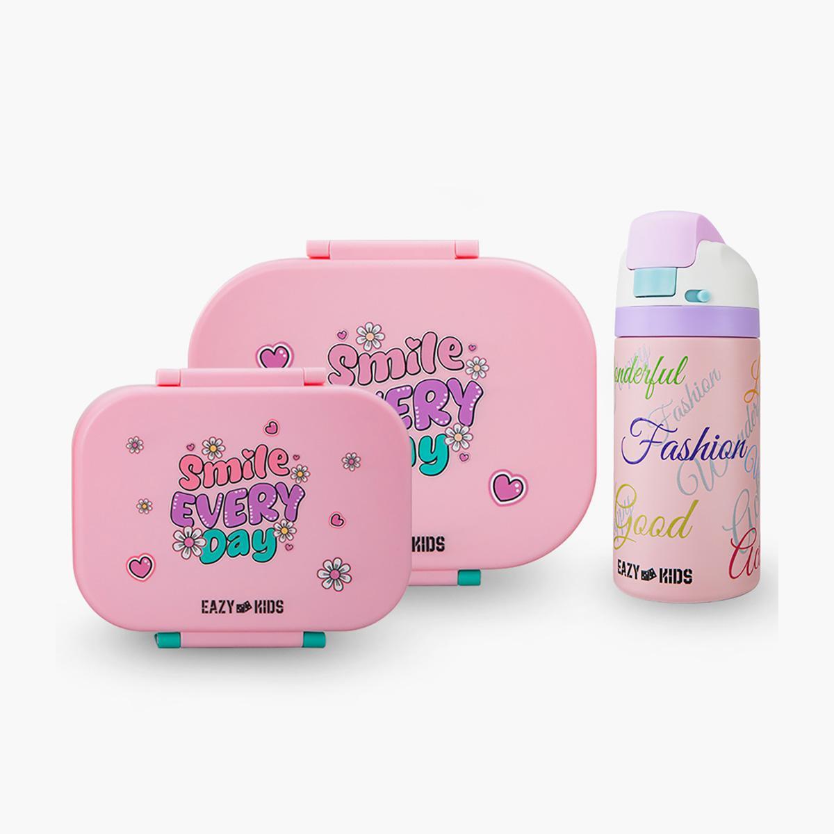 Eazy Kids Slogan Print 3-Piece Bento Lunch Box and Stainless Steel Water Bottle Set