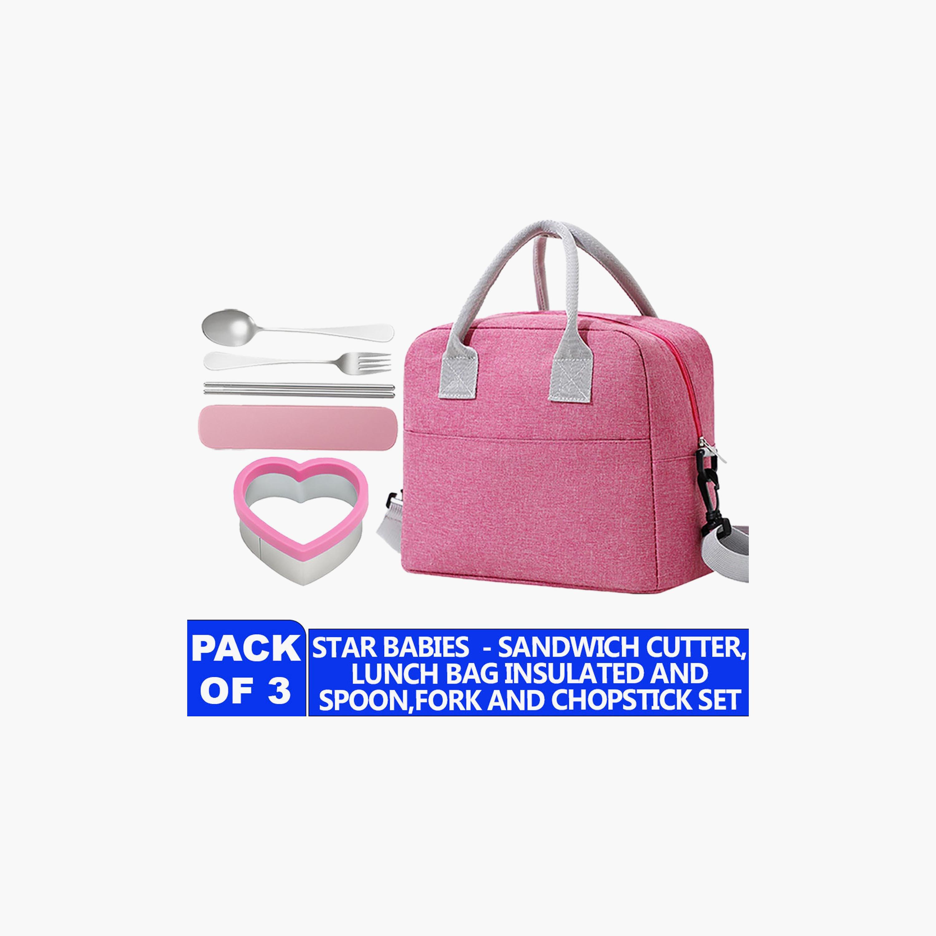 Star Babies Plain 3-Piece Insulated Bag Set for Girls 5-8 Yrs with Sandwich Cutter & Cutlery-school-lunchessentials-sets-image-2