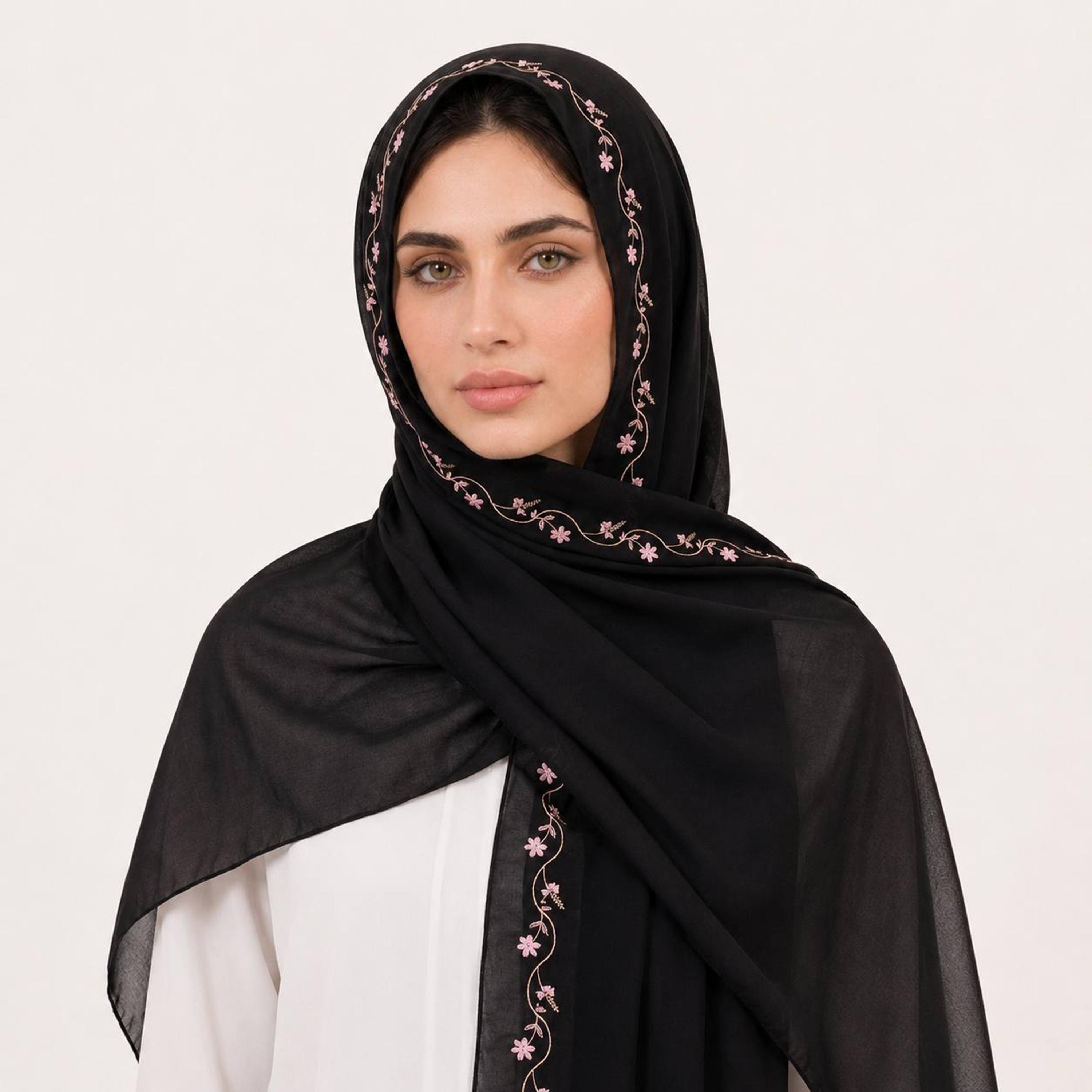 Hawraa Black Linen Hijab with Floral Embroidered Border-women-arabicclothing-headscarf-hijab-image-1