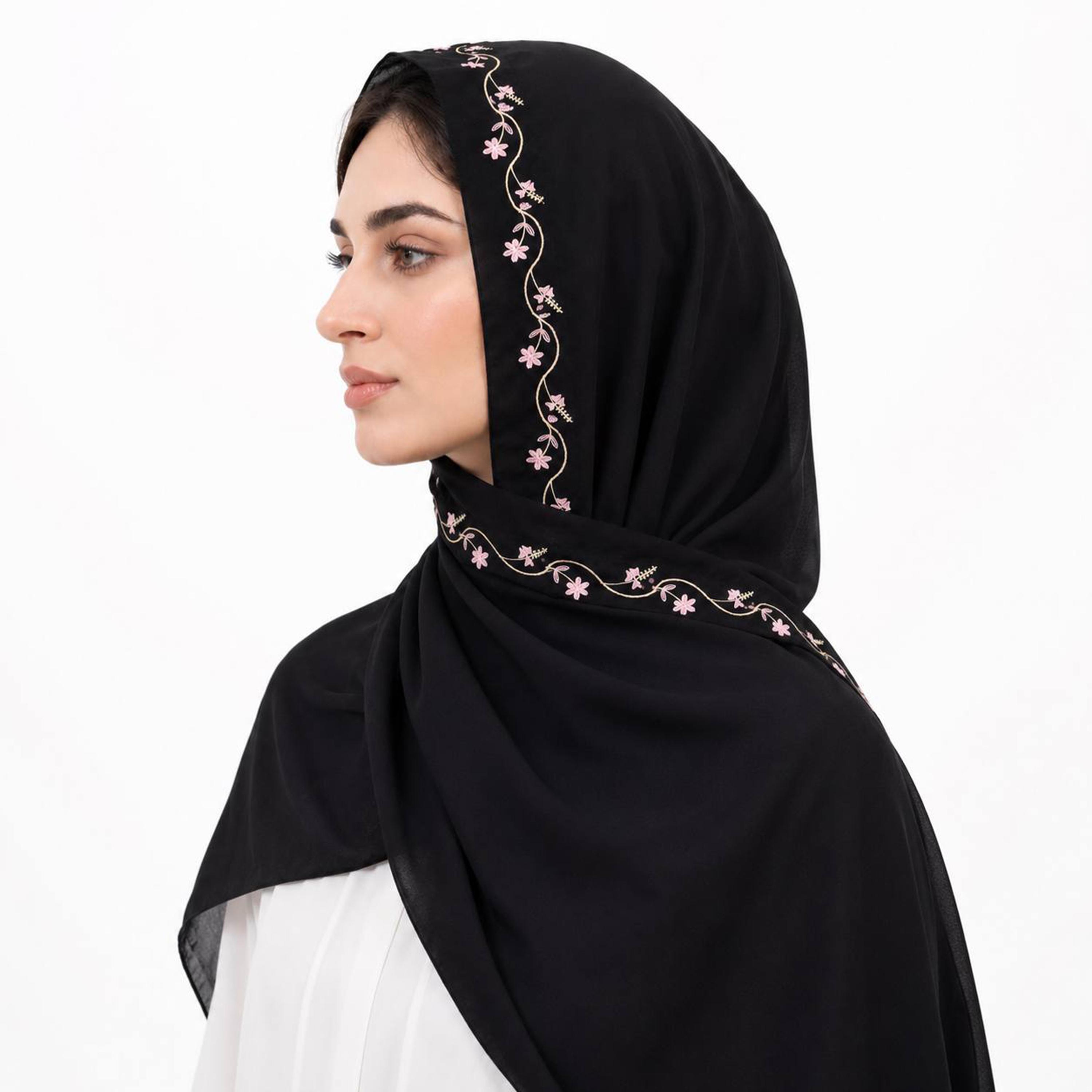 Hawraa Black Linen Hijab with Floral Embroidered Border-women-arabicclothing-headscarf-hijab-image-2