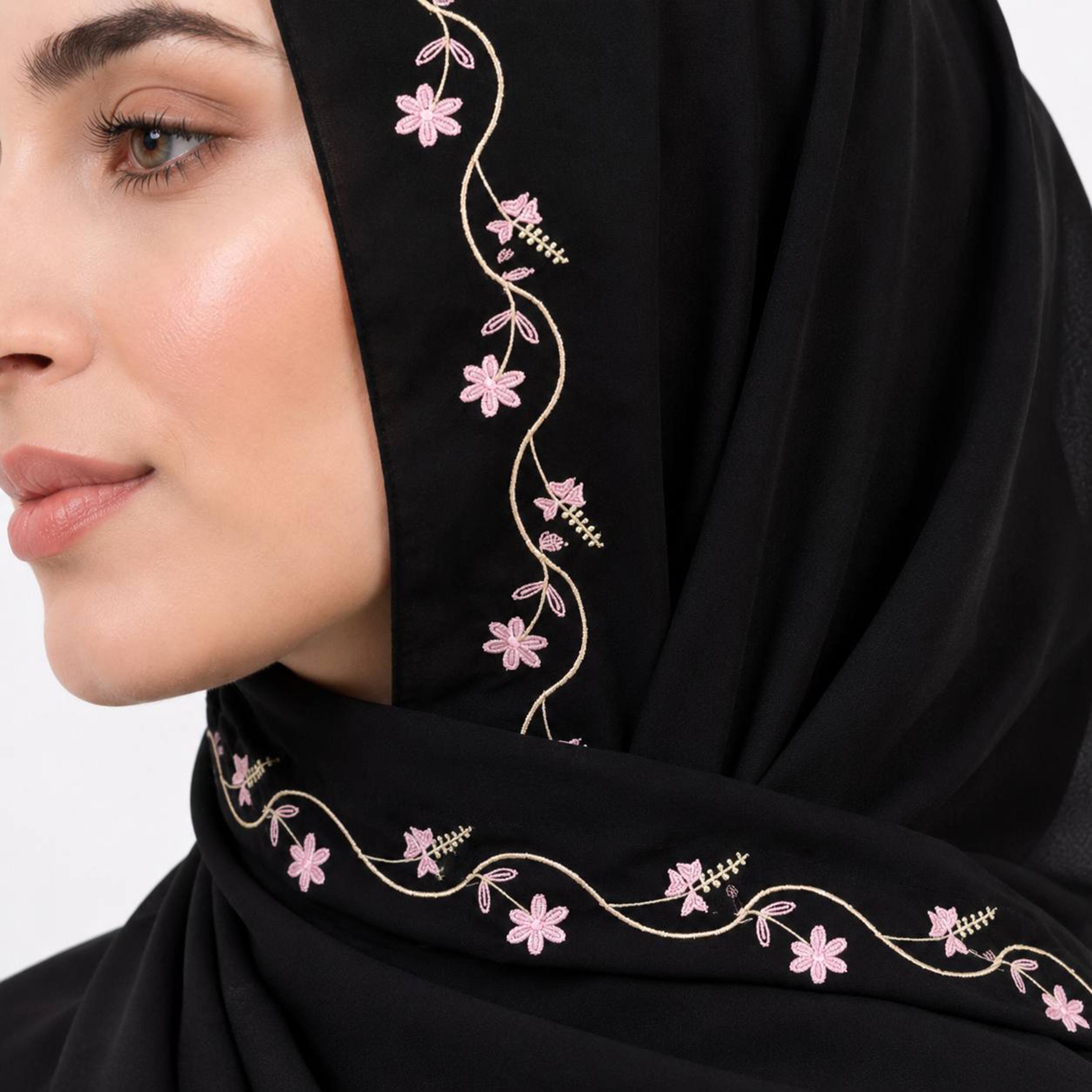Hawraa Black Linen Hijab with Floral Embroidered Border-women-arabicclothing-headscarf-hijab-image-3