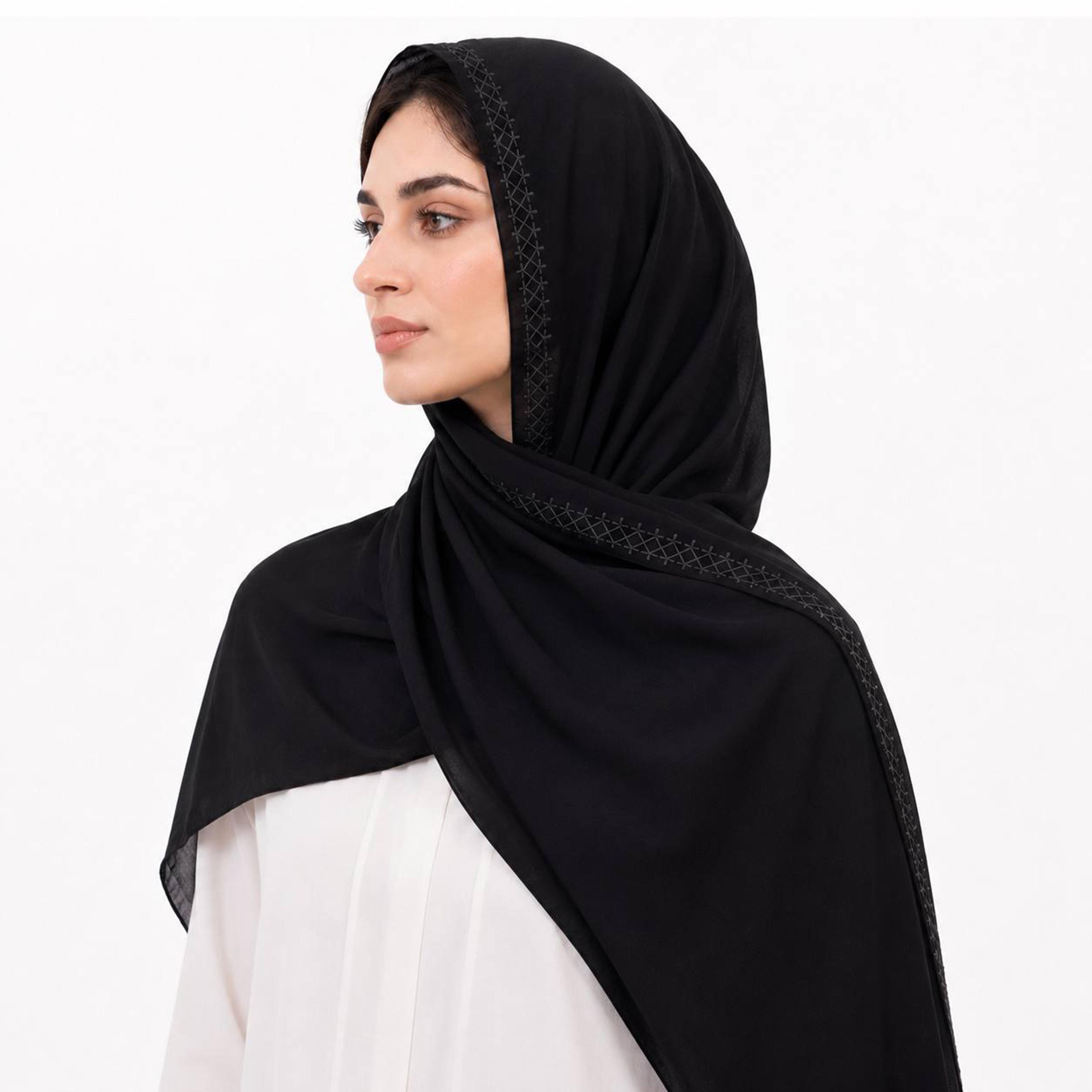 Hawraa Black Linen Hijab with Geometric Embroidered Border-women-arabicclothing-headscarf-hijab-image-1