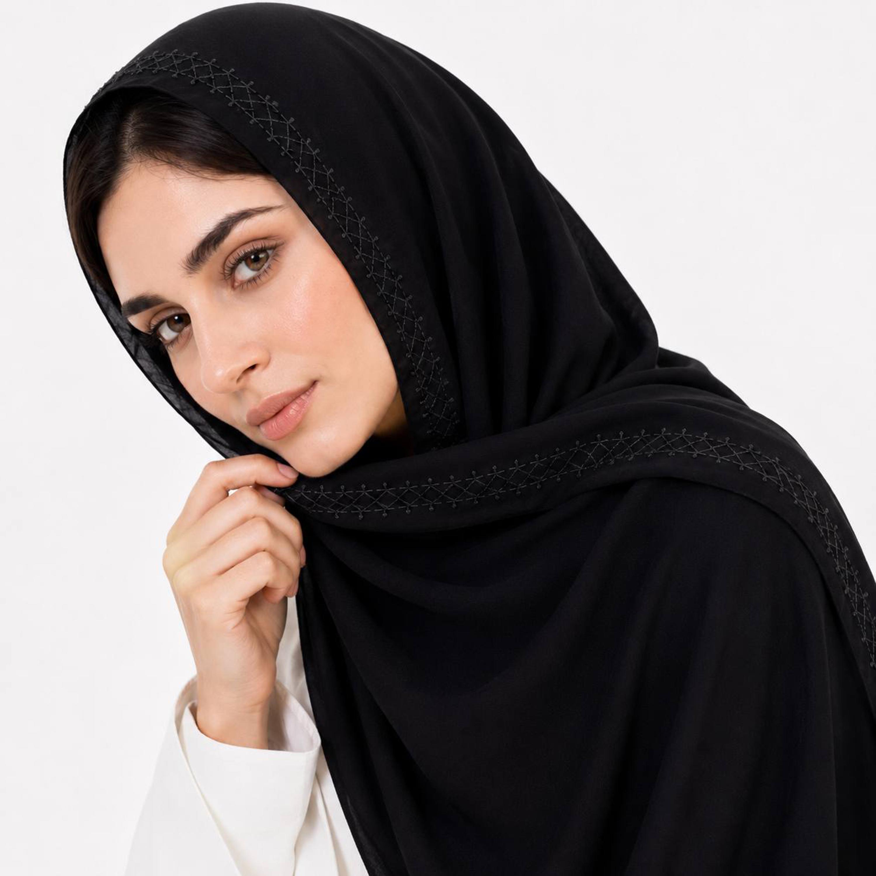 Hawraa Black Linen Hijab with Geometric Embroidered Border-women-arabicclothing-headscarf-hijab-image-2