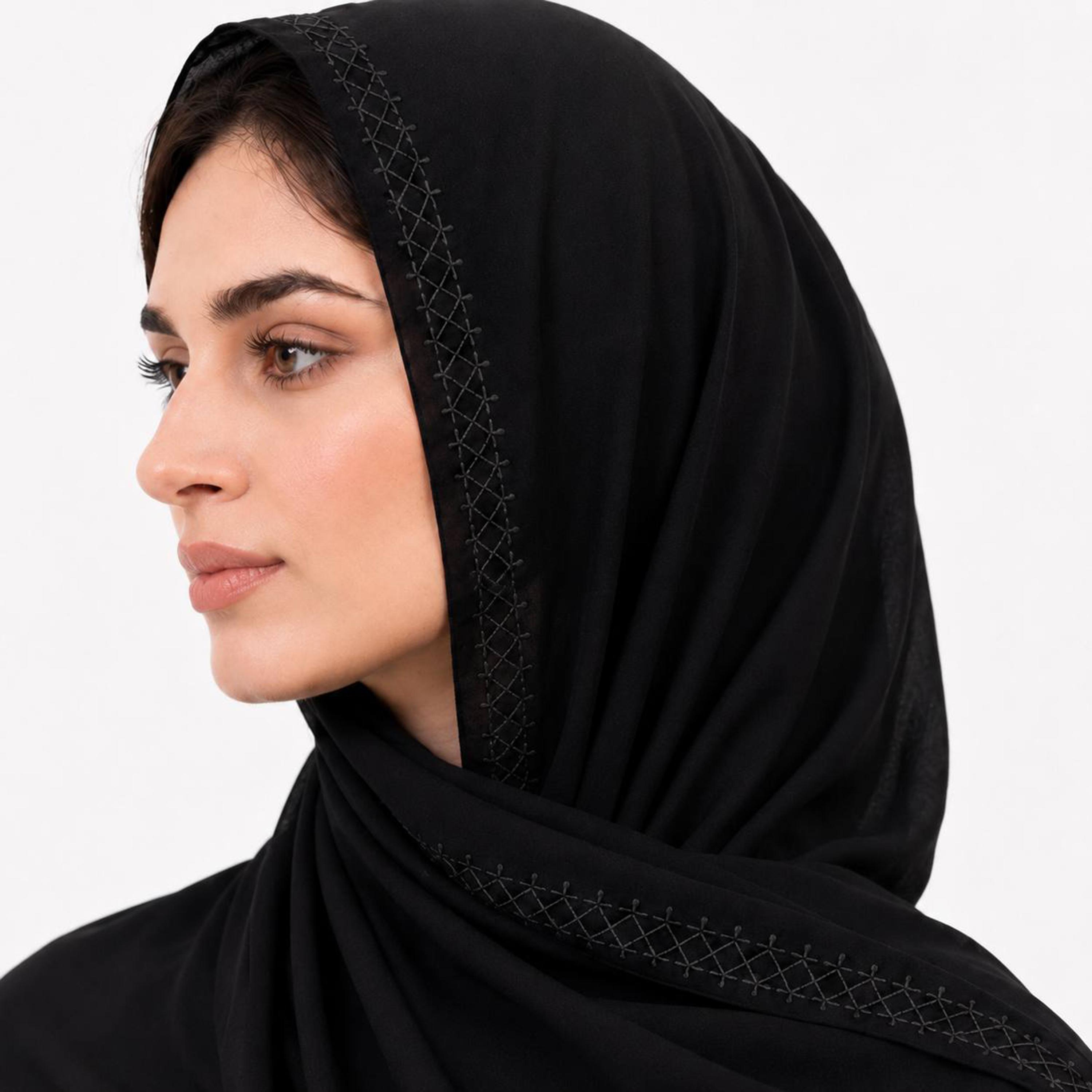 Hawraa Black Linen Hijab with Geometric Embroidered Border-women-arabicclothing-headscarf-hijab-image-3