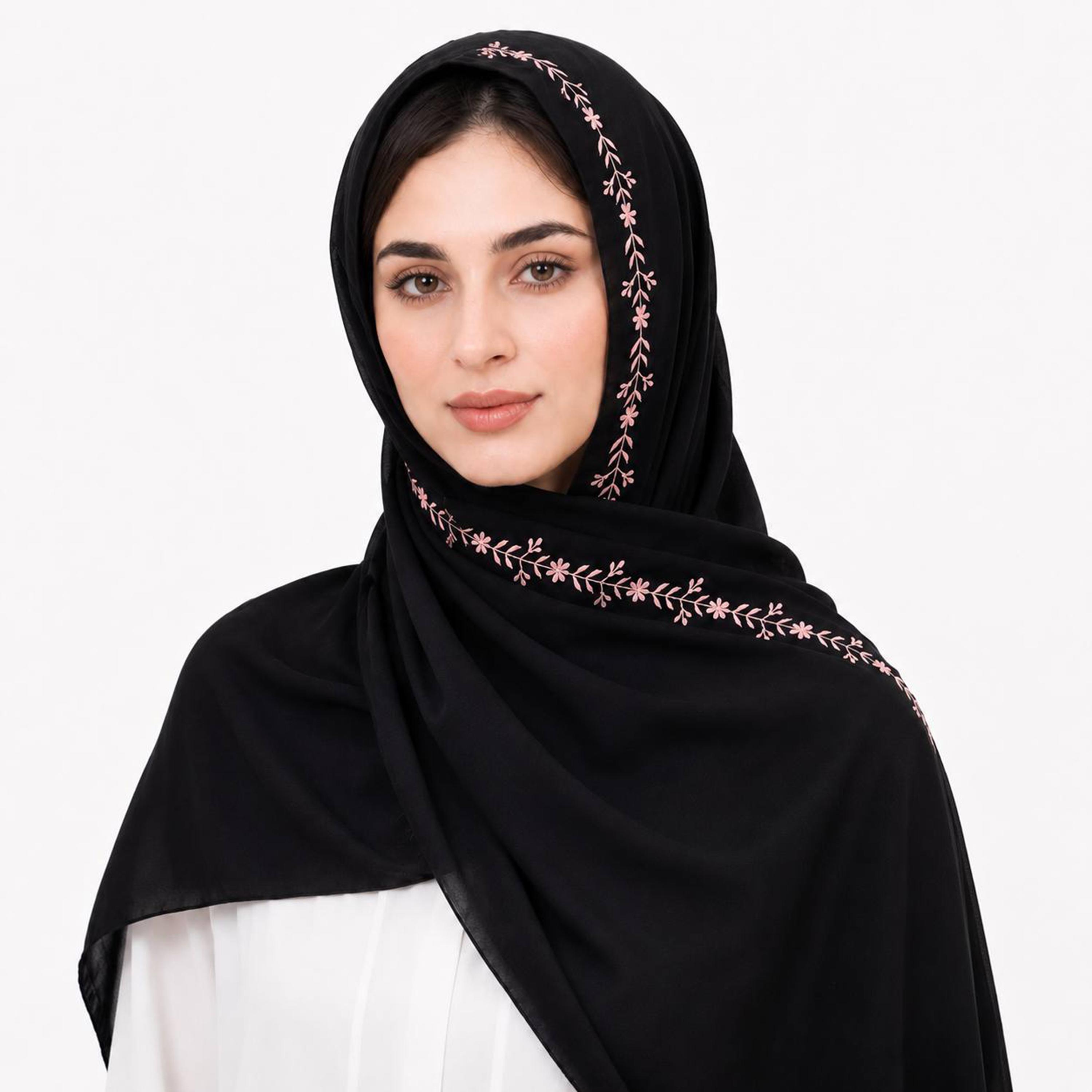 Hawraa Black Linen Hijab with Floral Embroidered Border-women-arabicclothing-headscarf-hijab-image-1