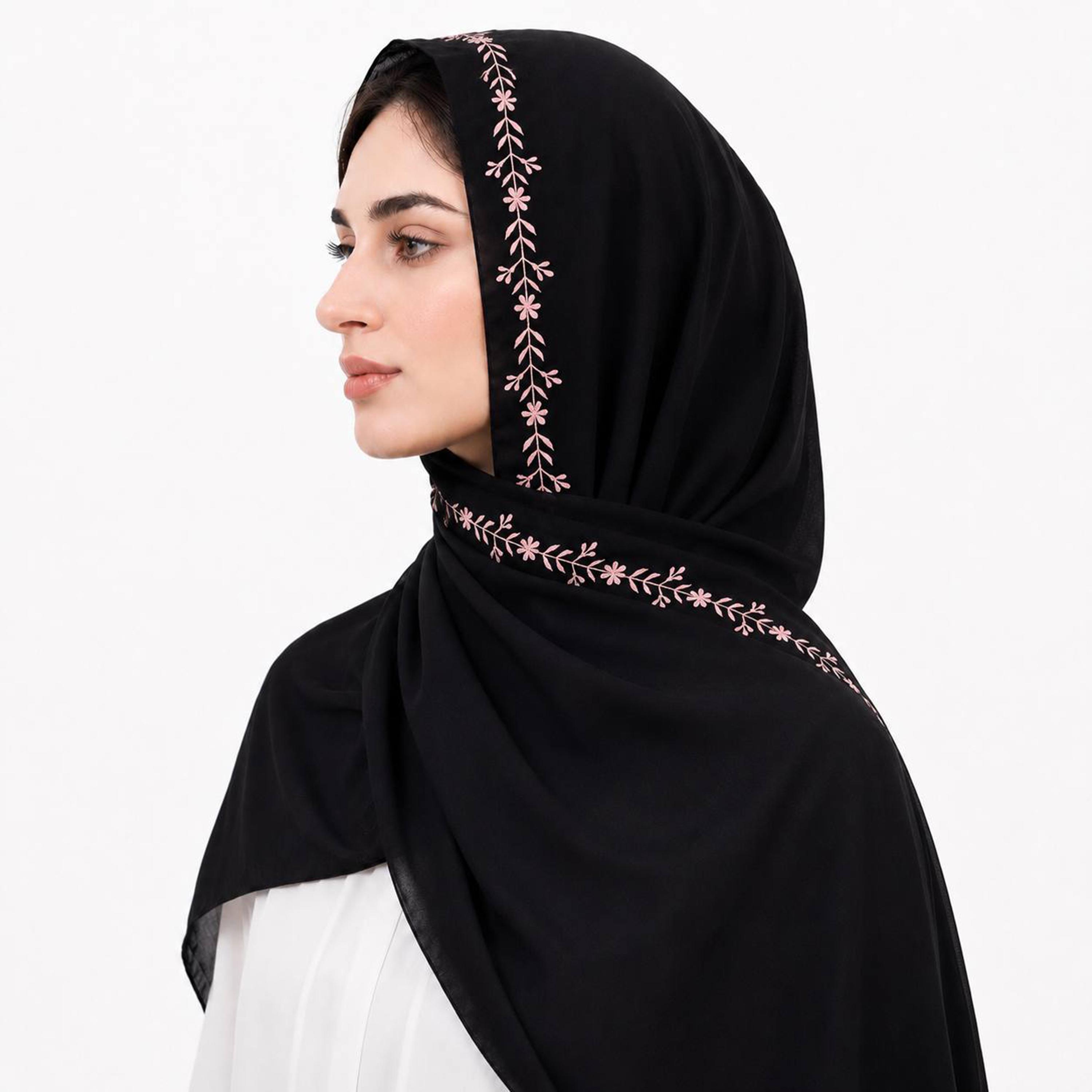 Hawraa Black Linen Hijab with Floral Embroidered Border-women-arabicclothing-headscarf-hijab-image-2