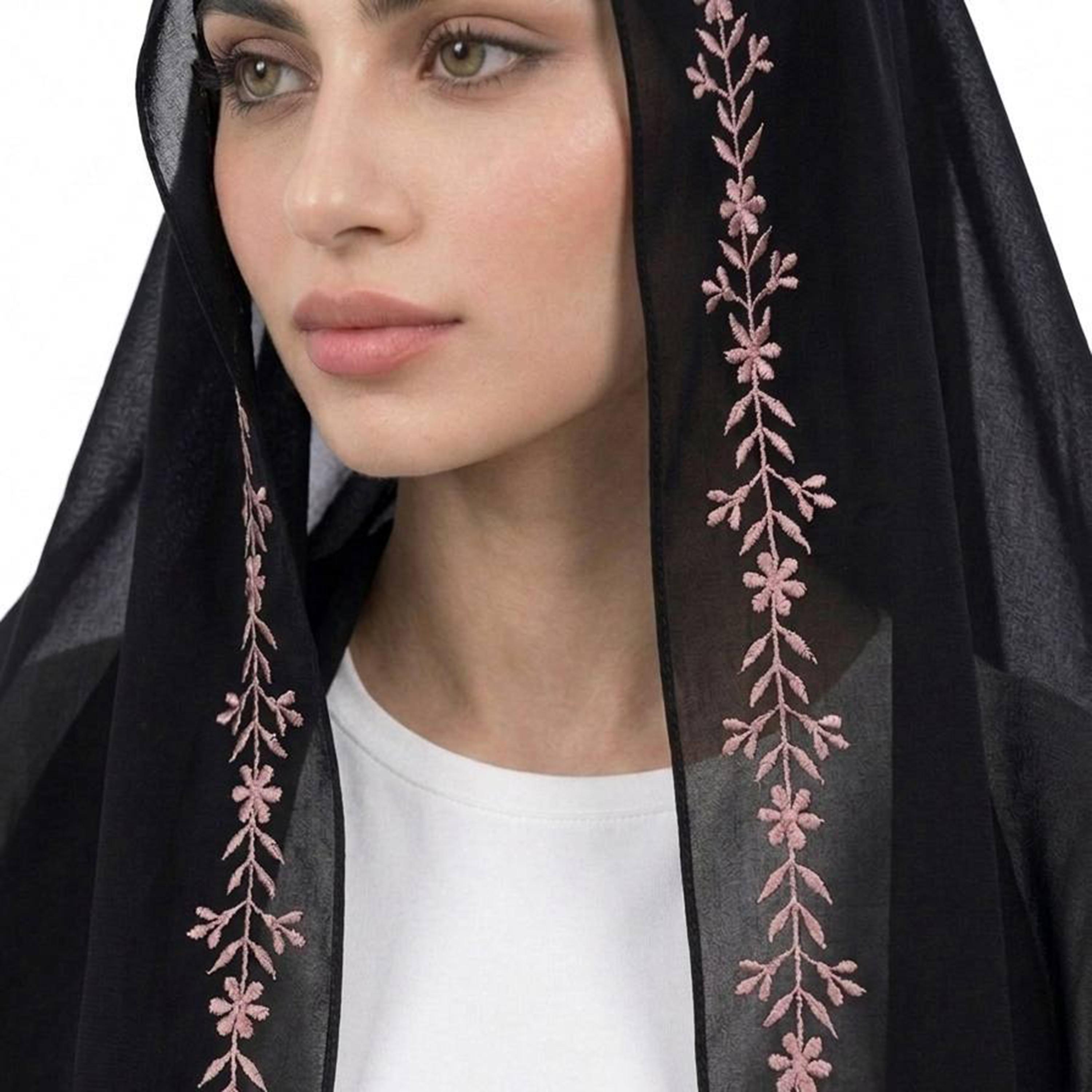 Hawraa Black Linen Hijab with Floral Embroidered Border-women-arabicclothing-headscarf-hijab-image-3