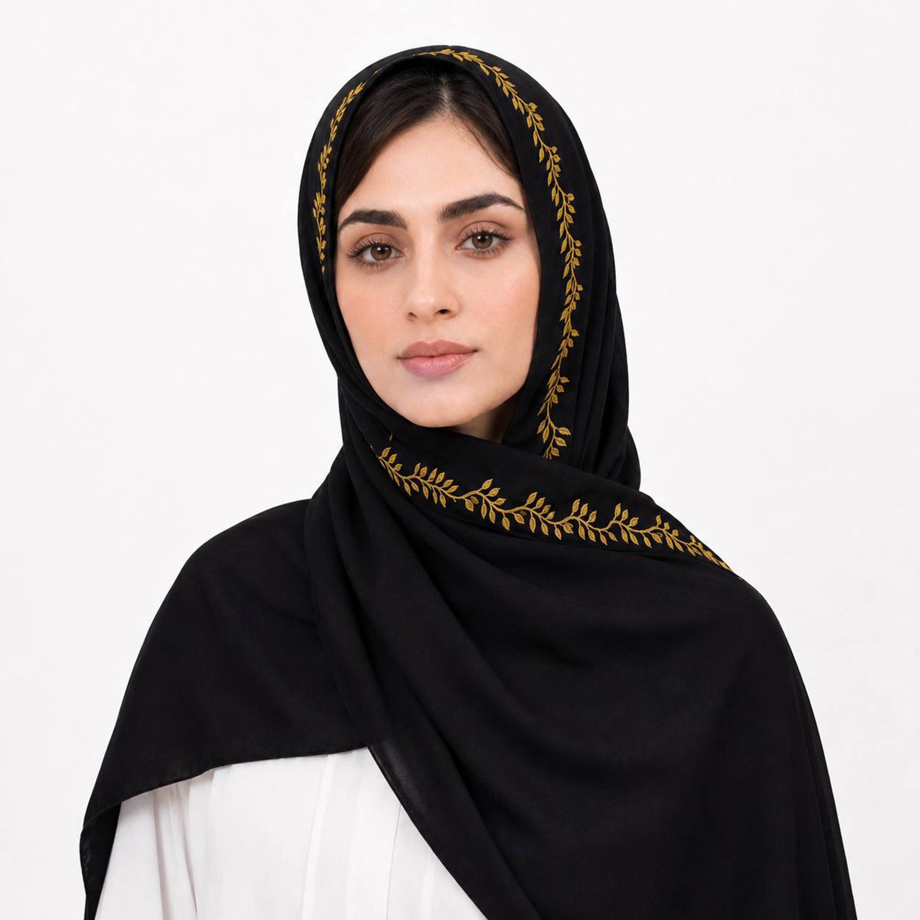 Hawraa Black Linen Hijab with Vine Embroidered Border-women-arabicclothing-headscarf-hijab-image-1