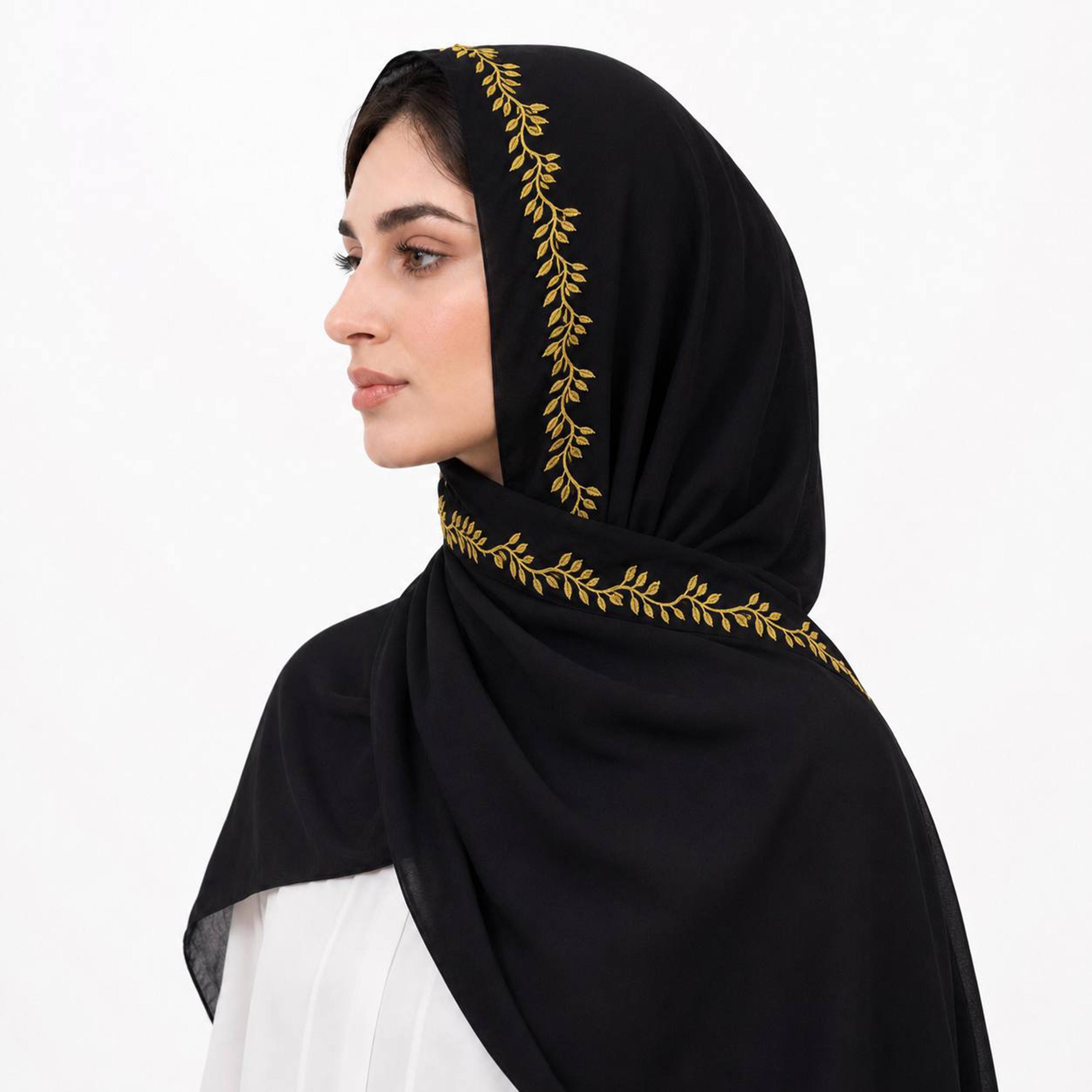 Hawraa Black Linen Hijab with Vine Embroidered Border-women-arabicclothing-headscarf-hijab-image-2