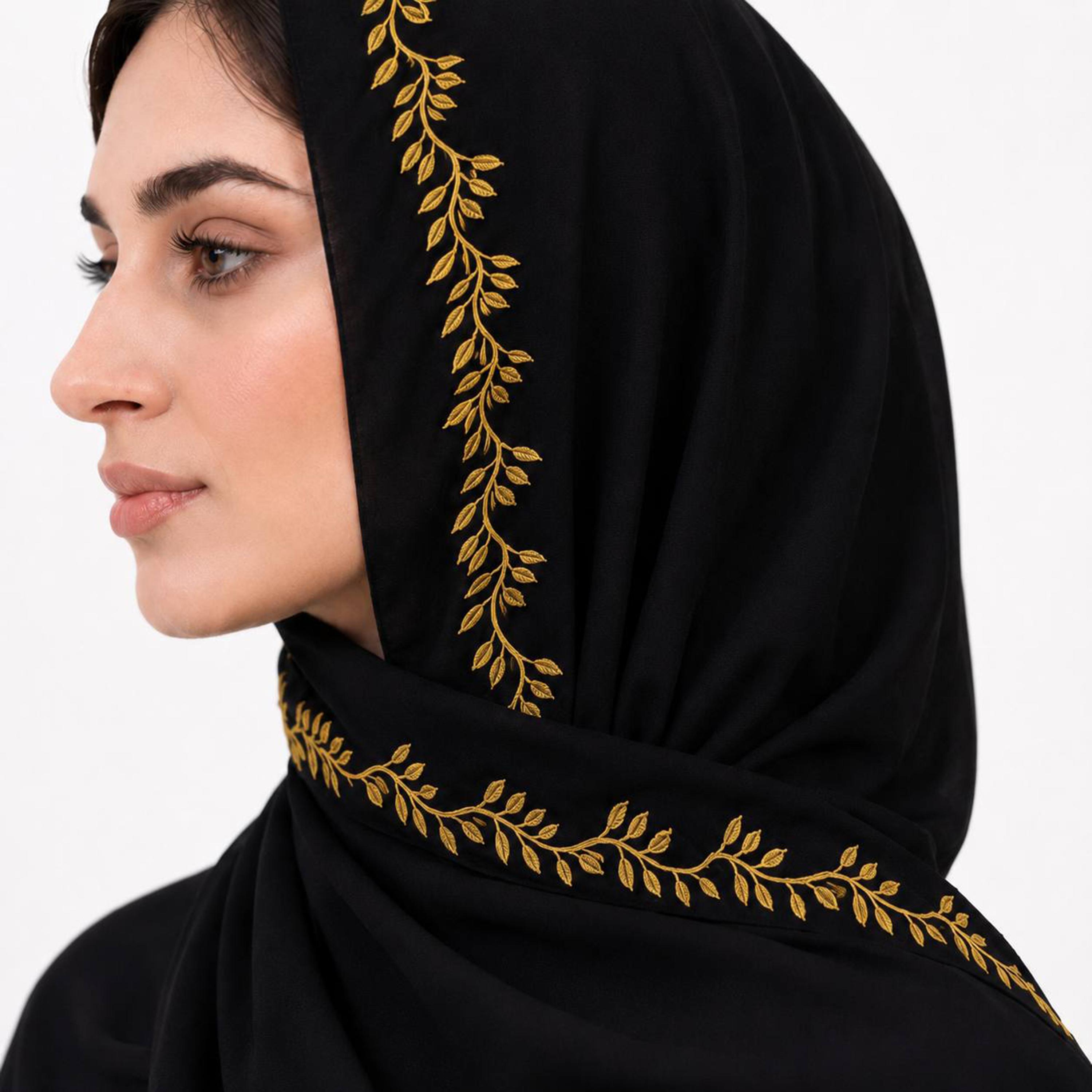 Hawraa Black Linen Hijab with Vine Embroidered Border-women-arabicclothing-headscarf-hijab-image-3