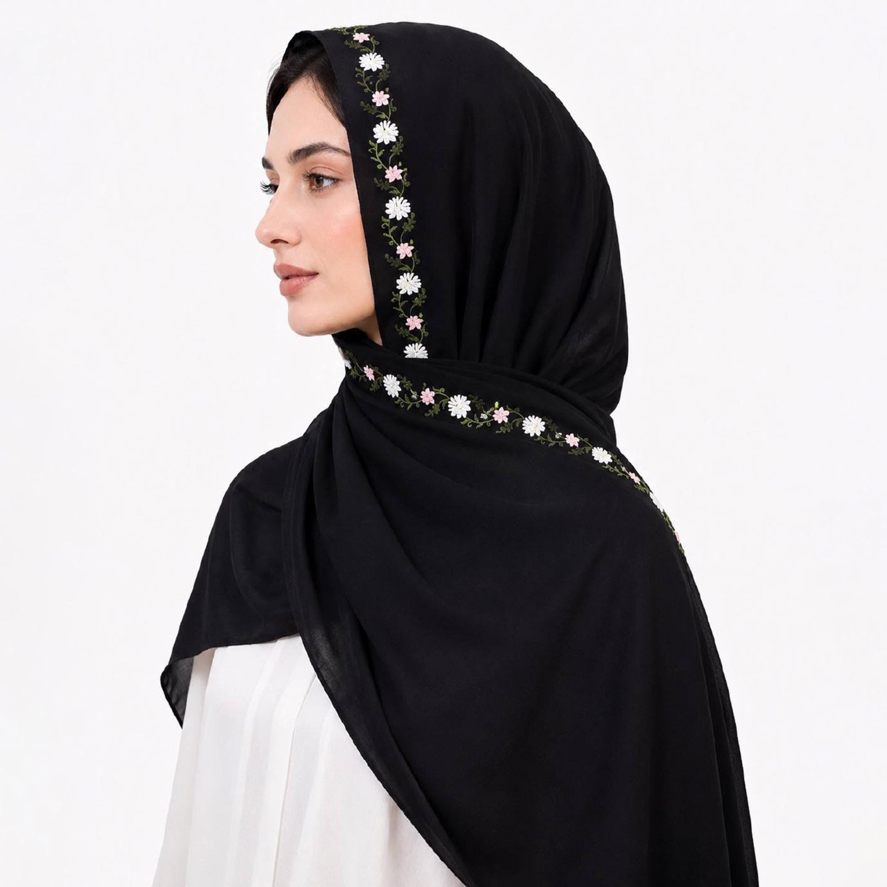 Hawraa Black Linen Hijab with Floral Embroidered Border-women-arabicclothing-headscarf-hijab-image-1