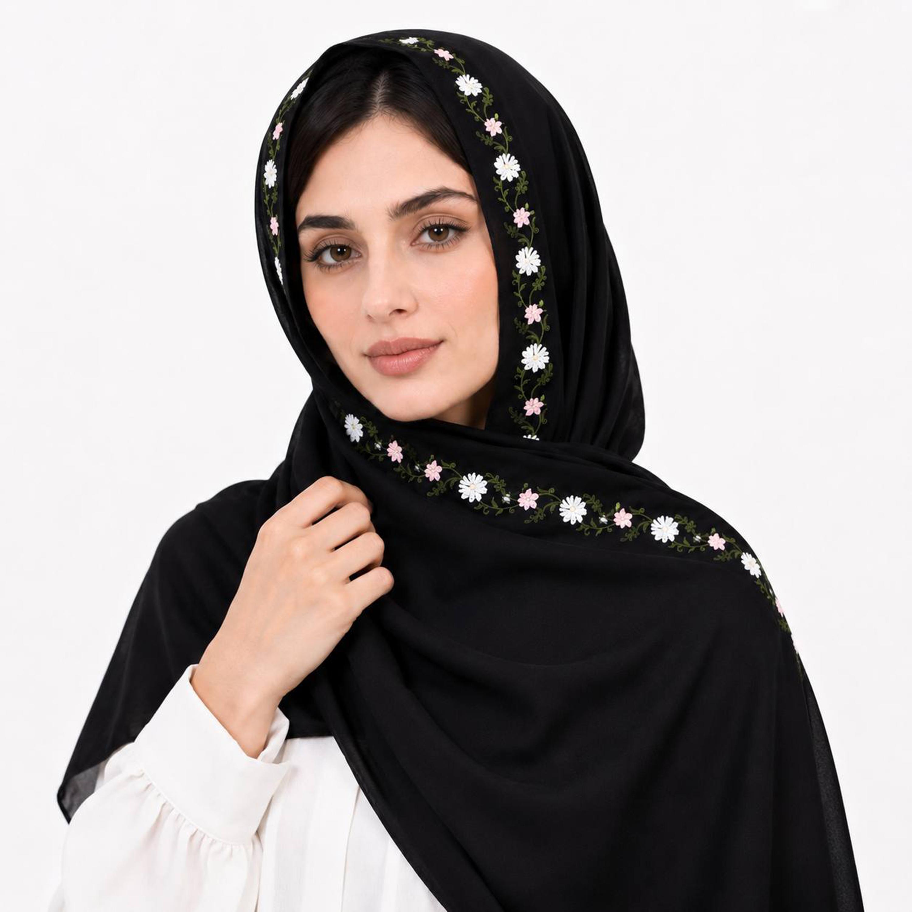 Hawraa Black Linen Hijab with Floral Embroidered Border-women-arabicclothing-headscarf-hijab-image-2