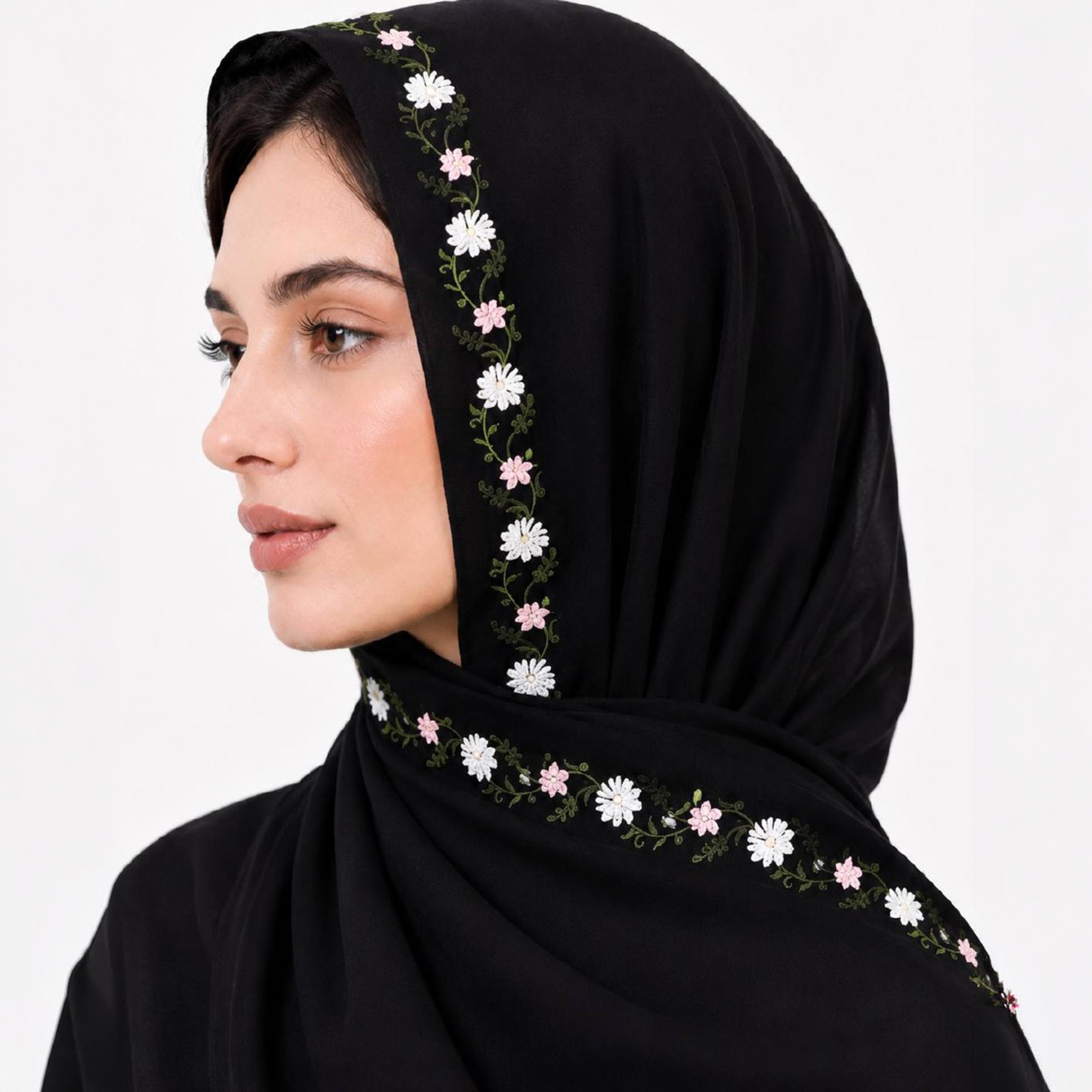 Hawraa Black Linen Hijab with Floral Embroidered Border-women-arabicclothing-headscarf-hijab-image-3