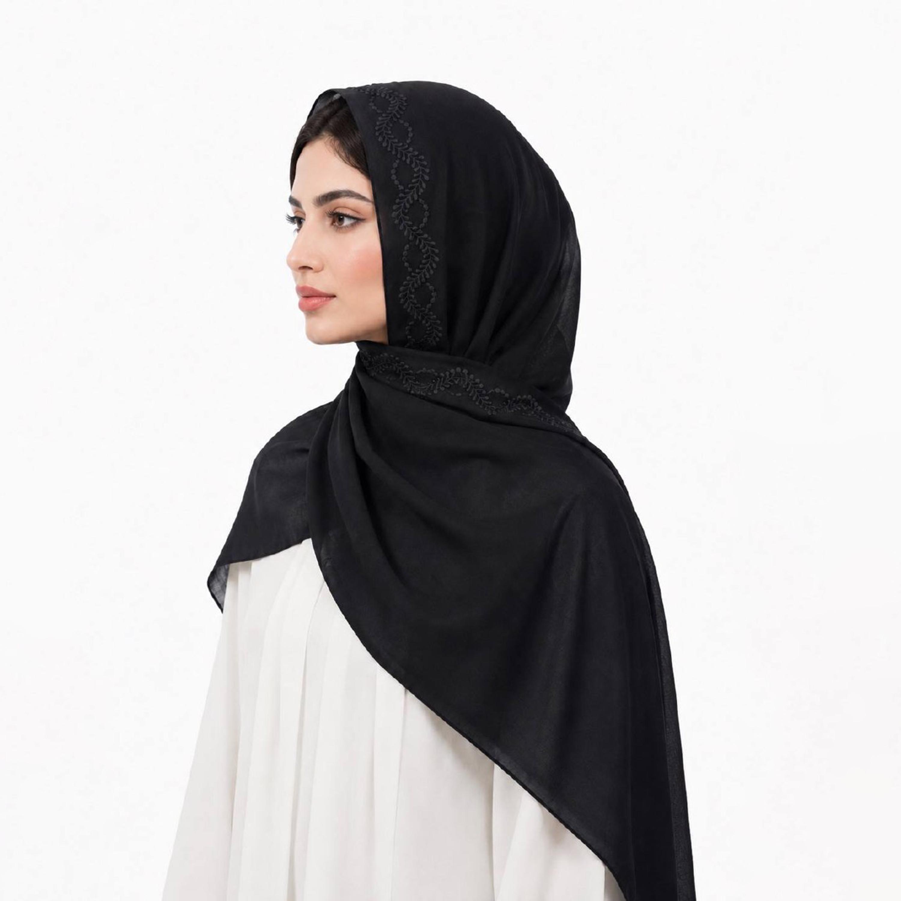 Hawraa Black Linen Hijab with Vine Embroidered Border-women-arabicclothing-headscarf-hijab-image-1