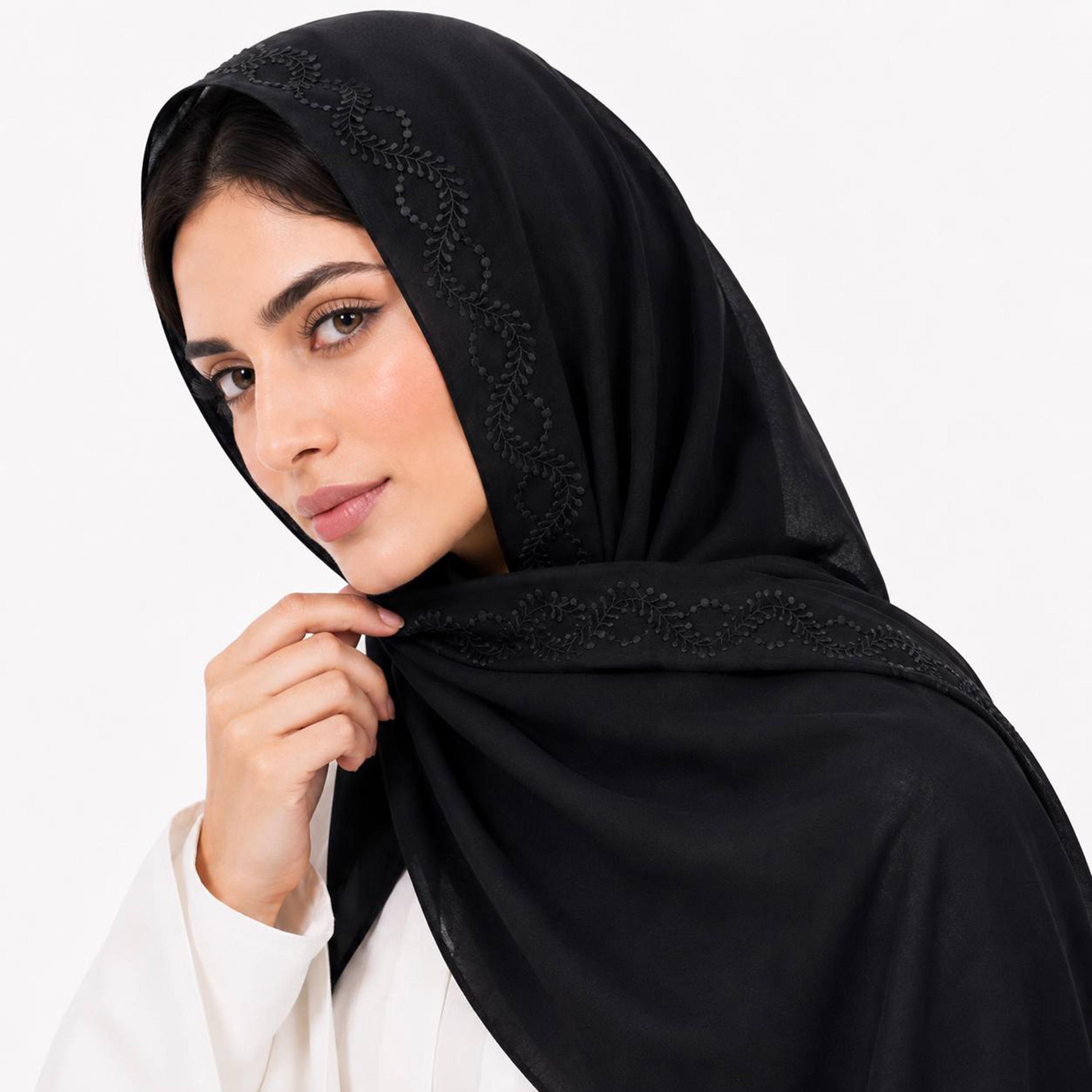 Hawraa Black Linen Hijab with Vine Embroidered Border-women-arabicclothing-headscarf-hijab-image-2