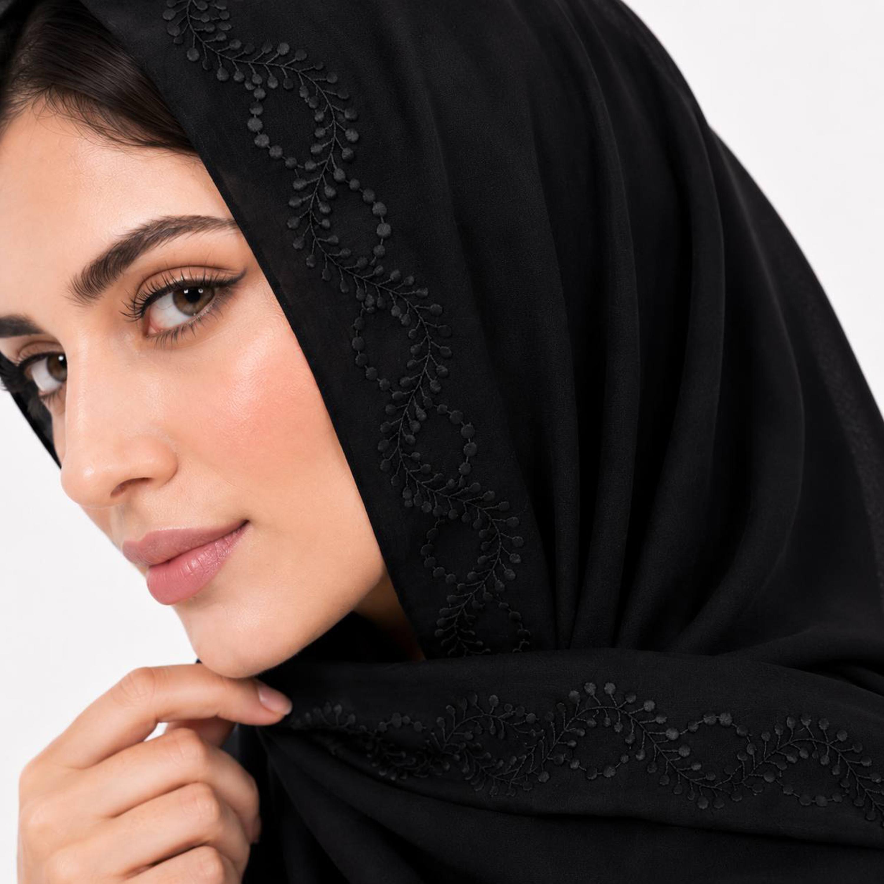 Hawraa Black Linen Hijab with Vine Embroidered Border-women-arabicclothing-headscarf-hijab-image-3