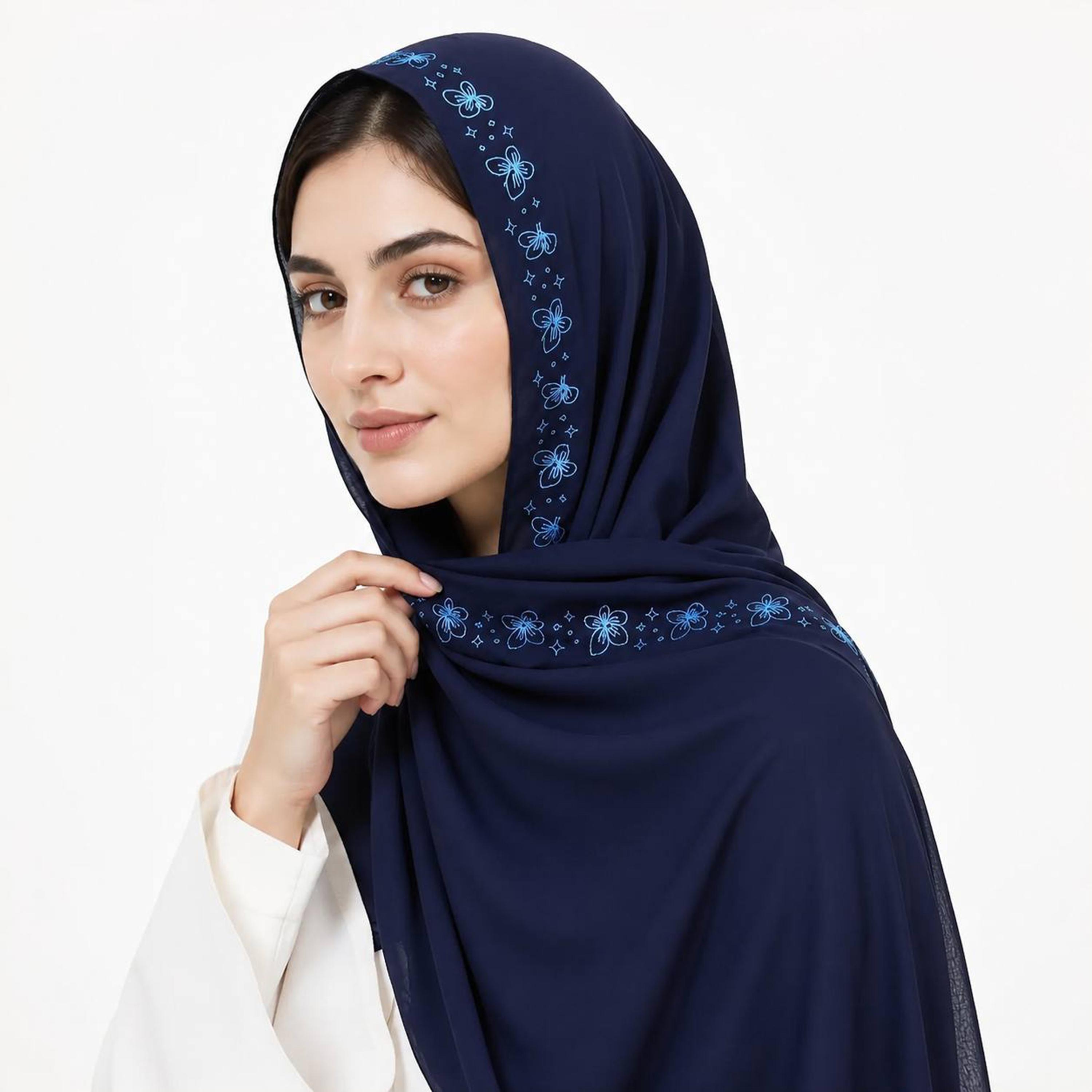 حجاب كتان كحلي بحافة مطرزة بنقشة زهور ونجوم من حوراء-women-arabicclothing-headscarf-hijab-image-1