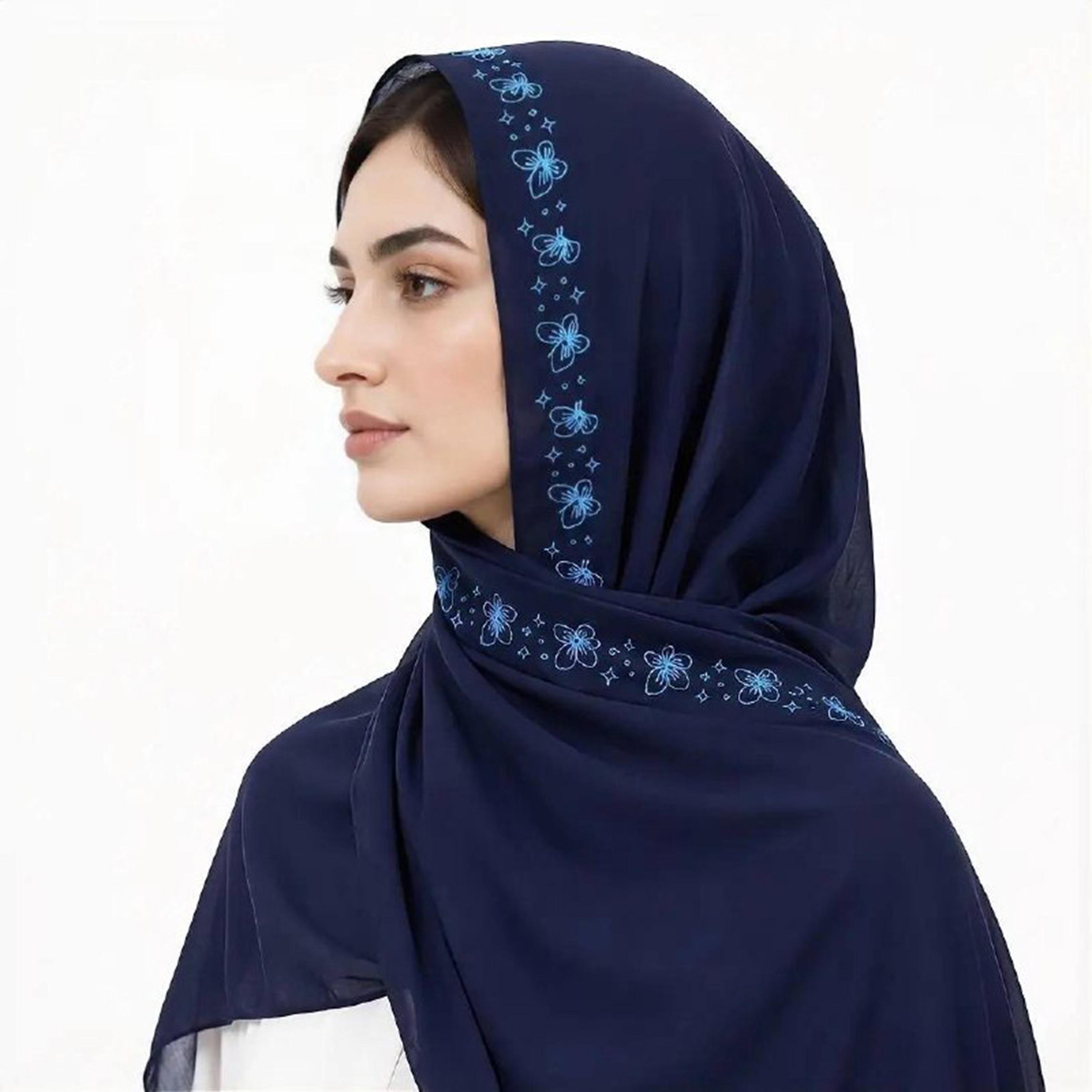 حجاب كتان كحلي بحافة مطرزة بنقشة زهور ونجوم من حوراء-women-arabicclothing-headscarf-hijab-image-2