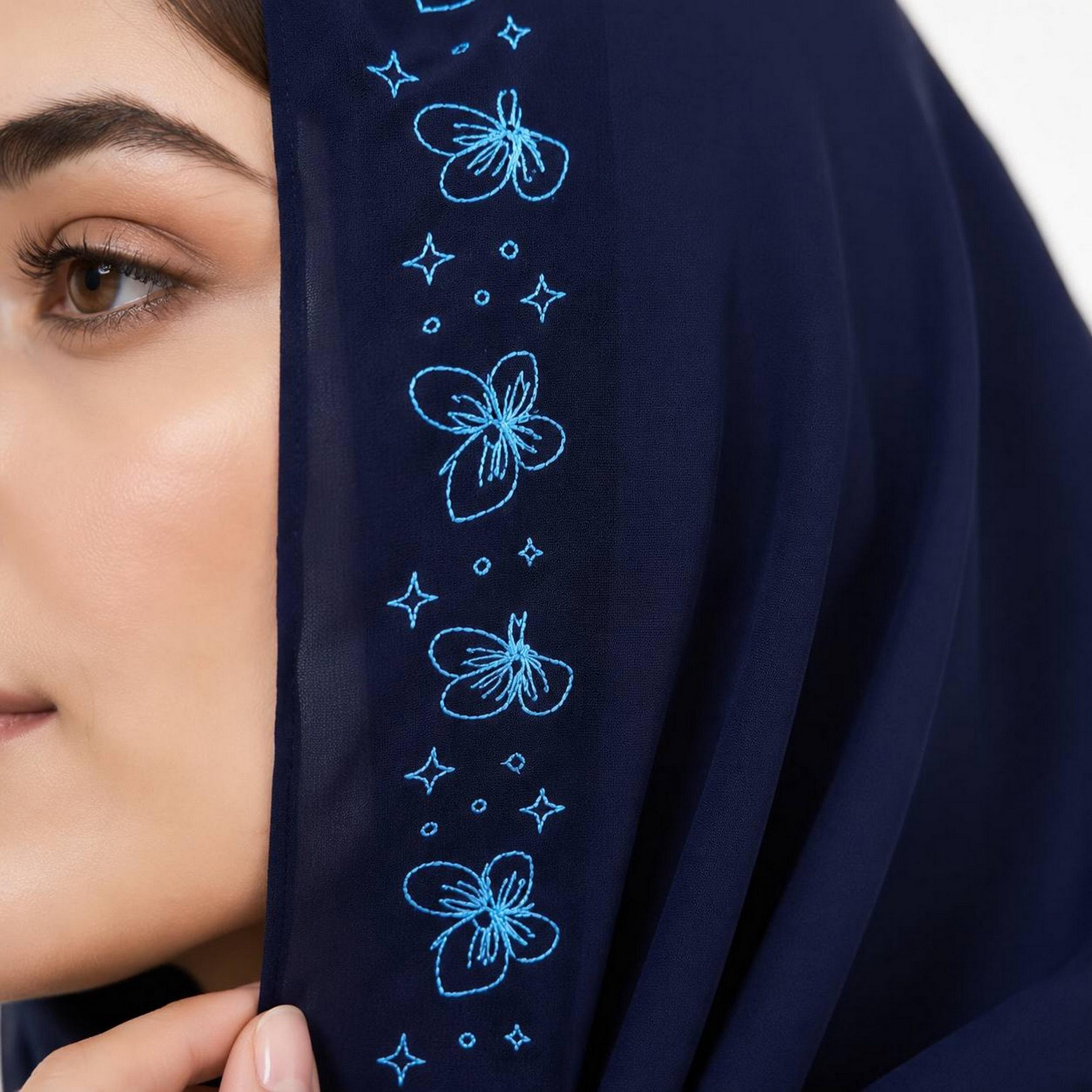 حجاب كتان كحلي بحافة مطرزة بنقشة زهور ونجوم من حوراء-women-arabicclothing-headscarf-hijab-image-3